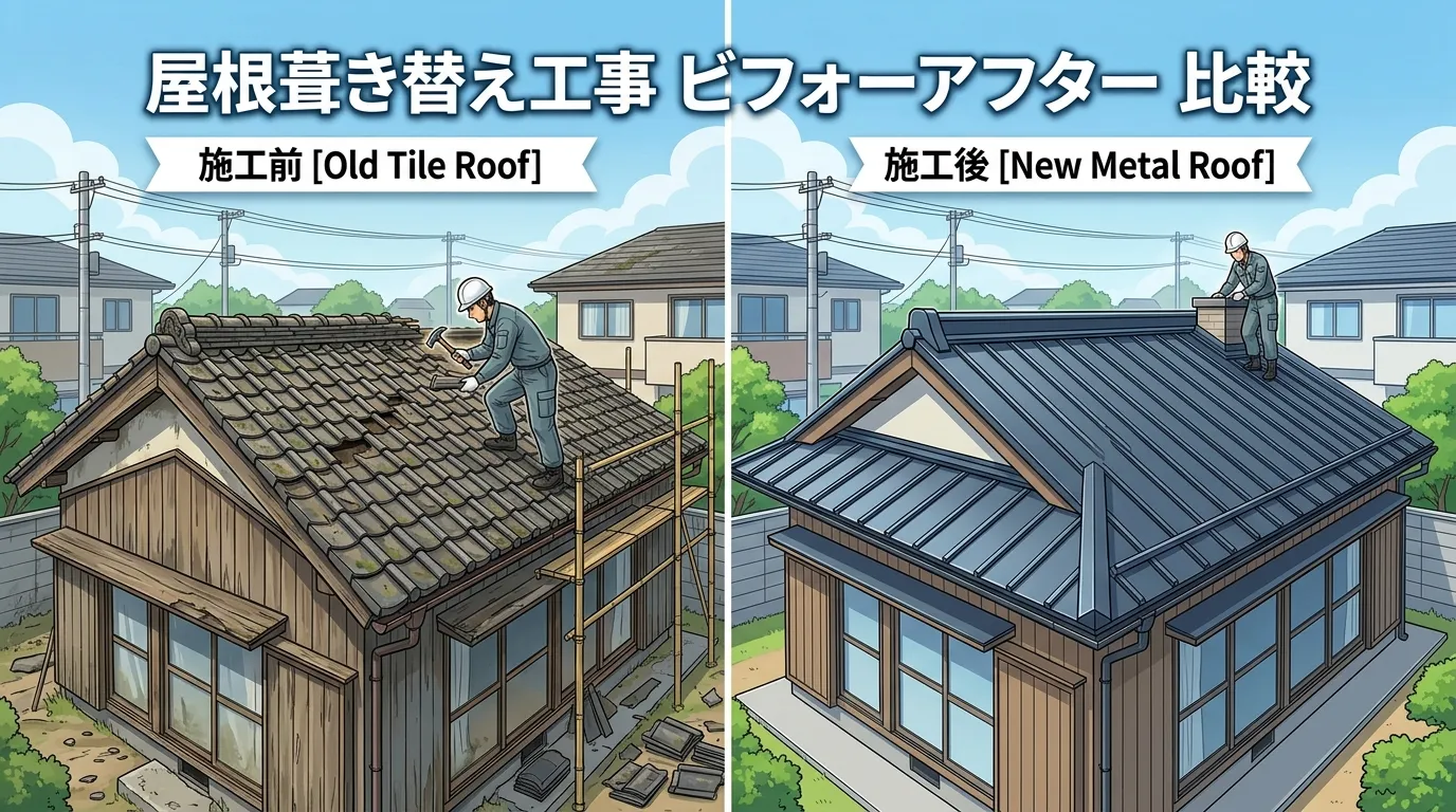 屋根葺き替え工事のビフォーアフターがひと目でわかる写真。古い屋根と新しくなった屋根が並んでいる比較画像が望ましい。]