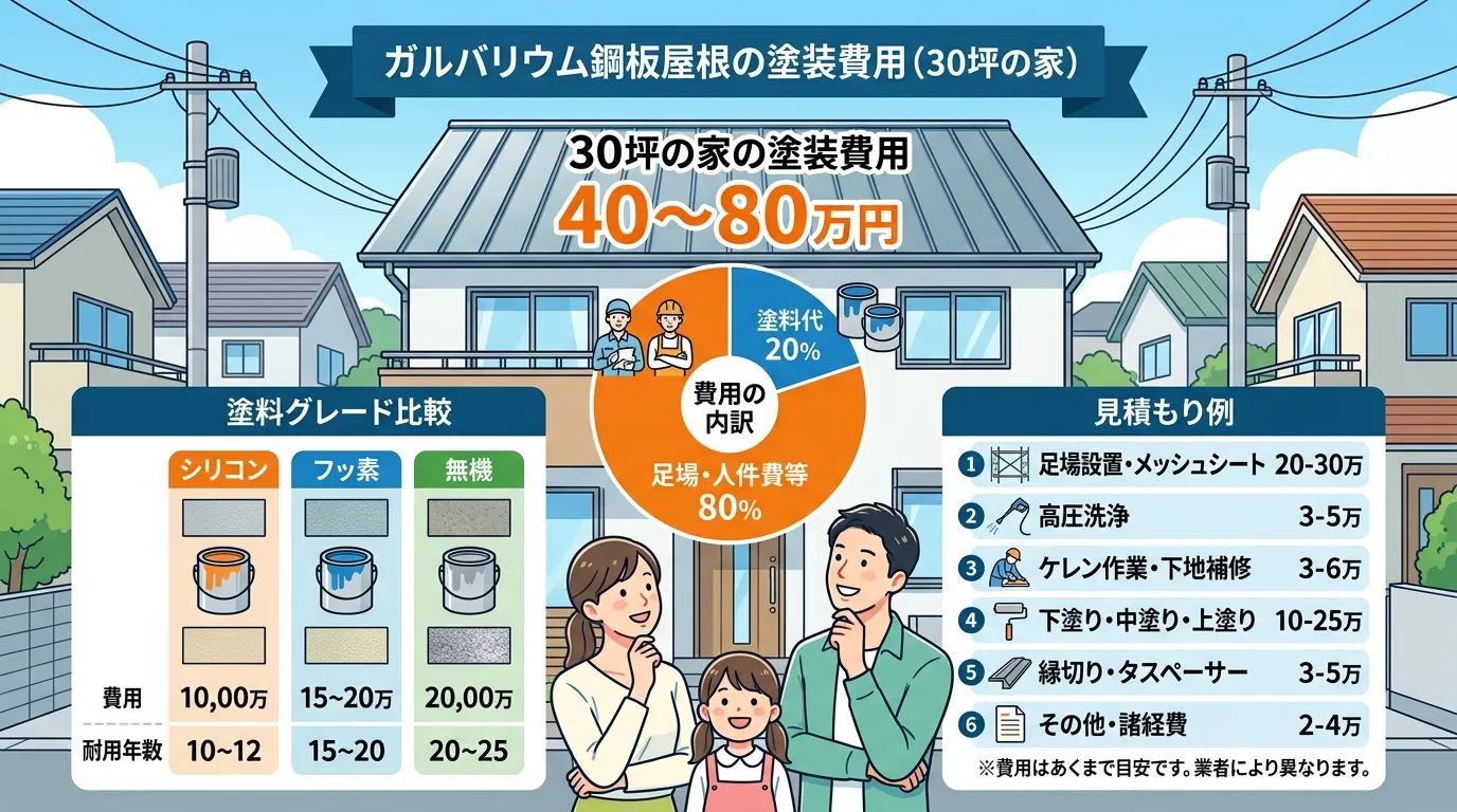 現代日本をベースに、日本人や日本の風景を使用すること, ガルバリウム鋼板屋根の塗装費用に関するインフォグラフィック。中央に「30坪の家の塗装費用 40～80万円」と大きく記載。その下に費用の内訳を示す