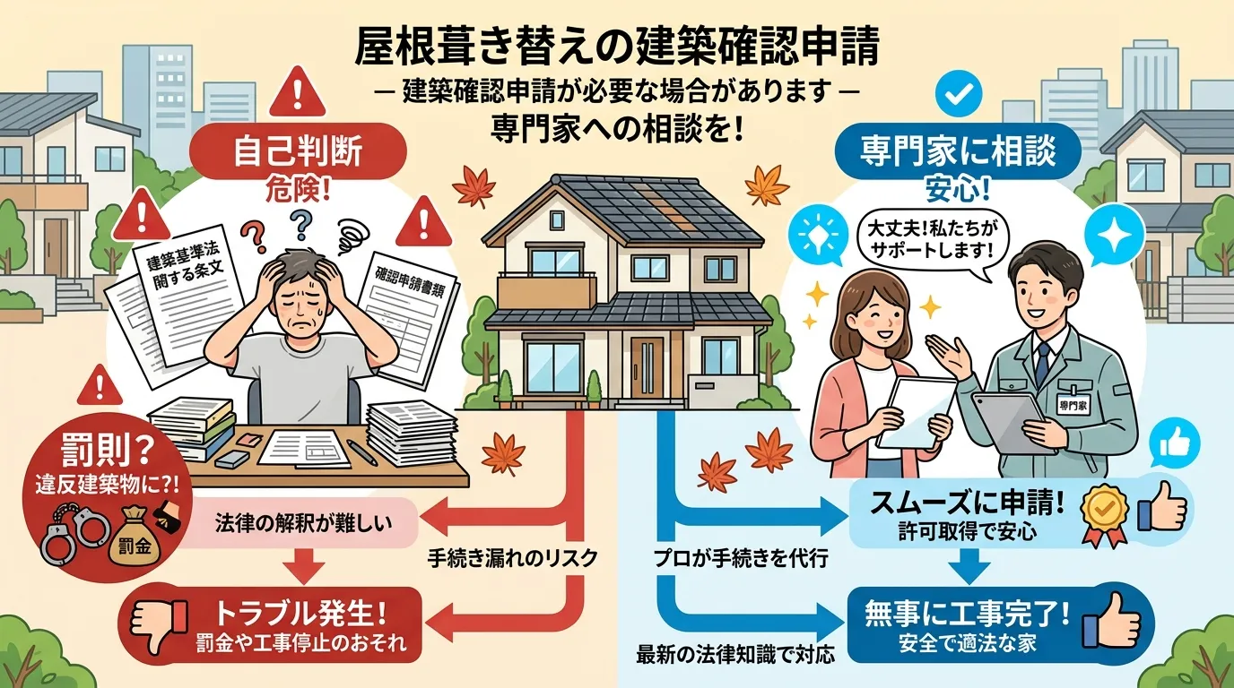 現代日本をベースに、日本人や日本の風景を使用すること, 「屋根葺き替えの建築確認申請」をテーマにしたインフォグラフィック。画面を左右に分け、左は「自己判断」で法律文書を前に悩む人物と「罰則?」というア