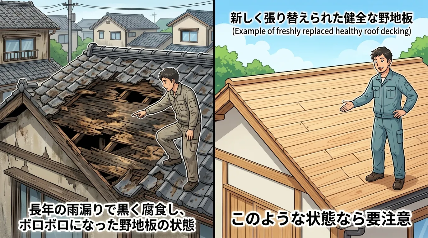 長年の雨漏りで黒く腐食し、ボロボロになった野地板の写真と、新しく張り替えられた健全な野地板の写真を並べて比較。「このような状態なら要注意」というキャプションを付ける。]