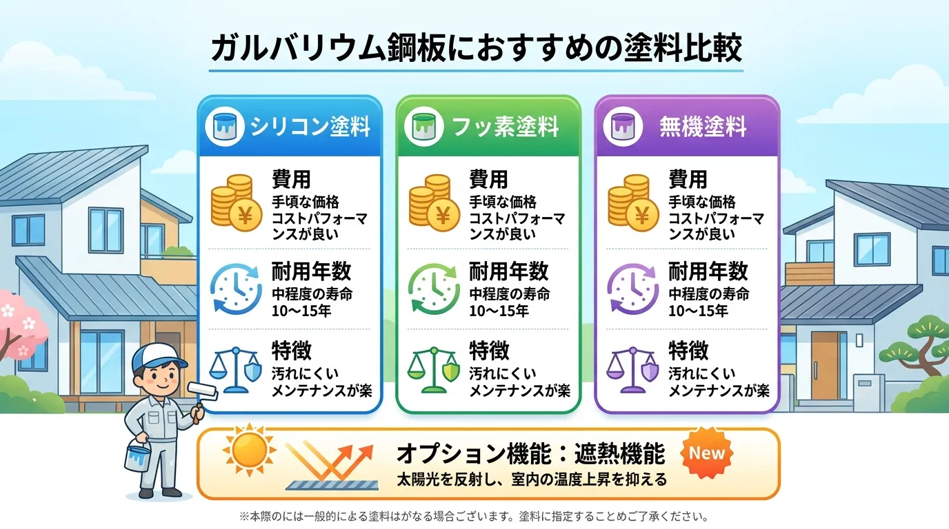 現代日本をベースに、日本人や日本の風景を使用すること, ガルバリウム鋼板におすすめの塗料を比較するインフォグラフィック。「シリコン」「フッ素」「無機」の3つの選択肢を横に並べ、それぞれに費用（円マーク