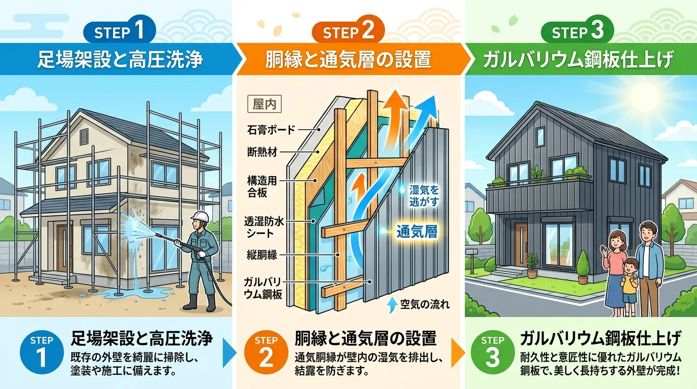 現代日本をベースに、日本人や日本の風景を使用すること, ガルバリウム鋼板の施工手順を示す3ステップのインフォグラフィック。ステップ1:足場を組み高圧洗浄する家。ステップ2:壁の断面図で、胴縁が作る「通