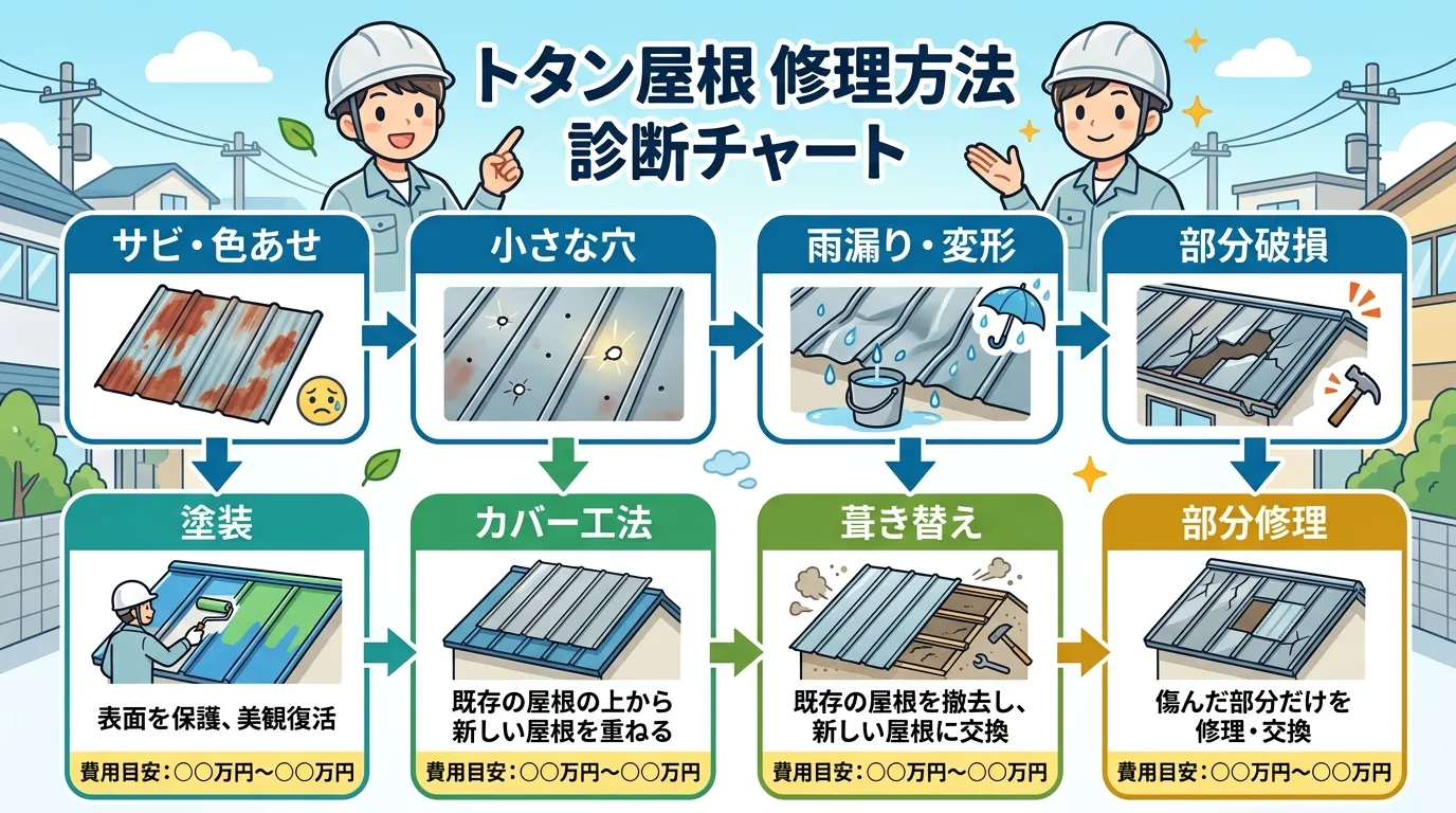 現代日本をベースに、日本人や日本の風景を使用すること, 「トタン屋根 修理方法 診断チャート」というタイトルのインフォグラフィック。4つの症状（「サビ・色あせ」「小さな穴」「雨漏り・変形」「部分破損」