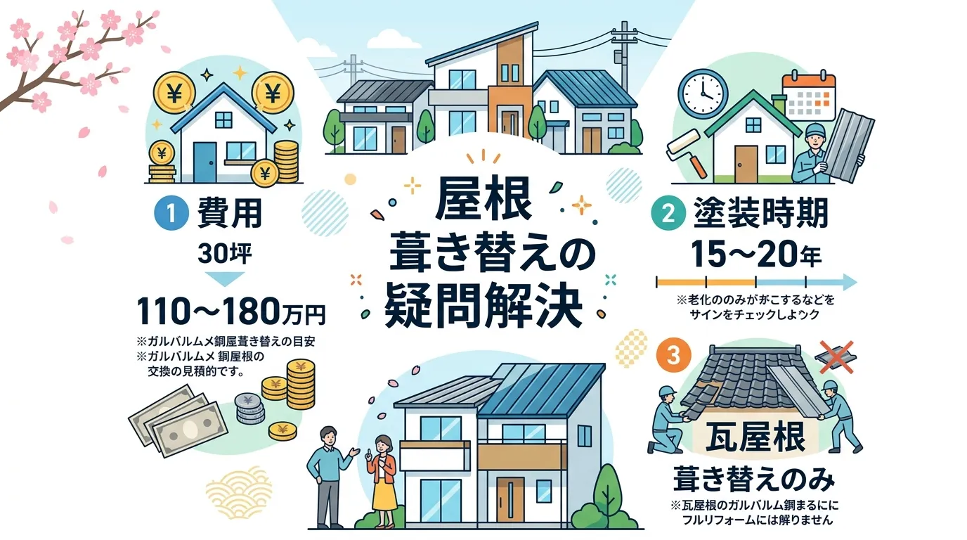 現代日本をベースに、日本人や日本の風景を使用すること, ガルバリウム鋼板屋根の葺き替えに関するFAQのインフォグラフィック。中央に「屋根葺き替えの疑問解決」というタイトル。その周りに「費用」「塗装時期