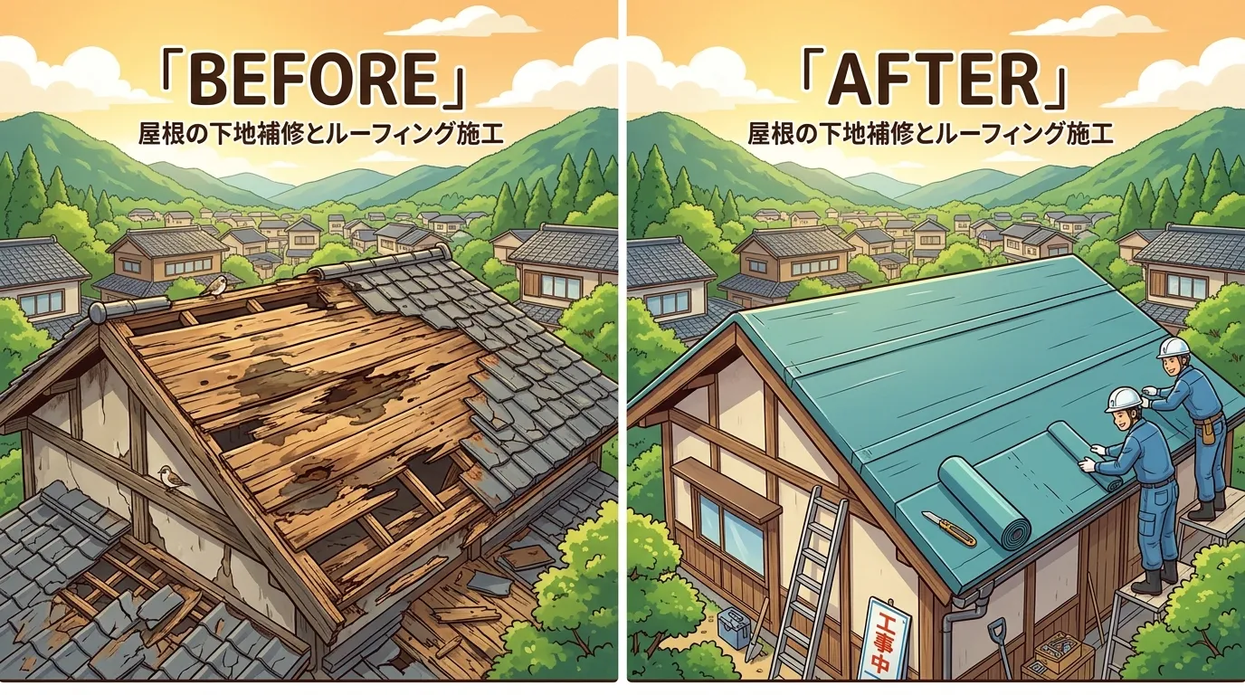 古いスレート屋根が剥がされ、雨染みで黒ずんだり一部が腐食したりしている野地板(下地)が見えている写真と、その下地が補修された後、新しい防水シート(ルーフィング)が綺麗に張られている写真のビフォーアフタ