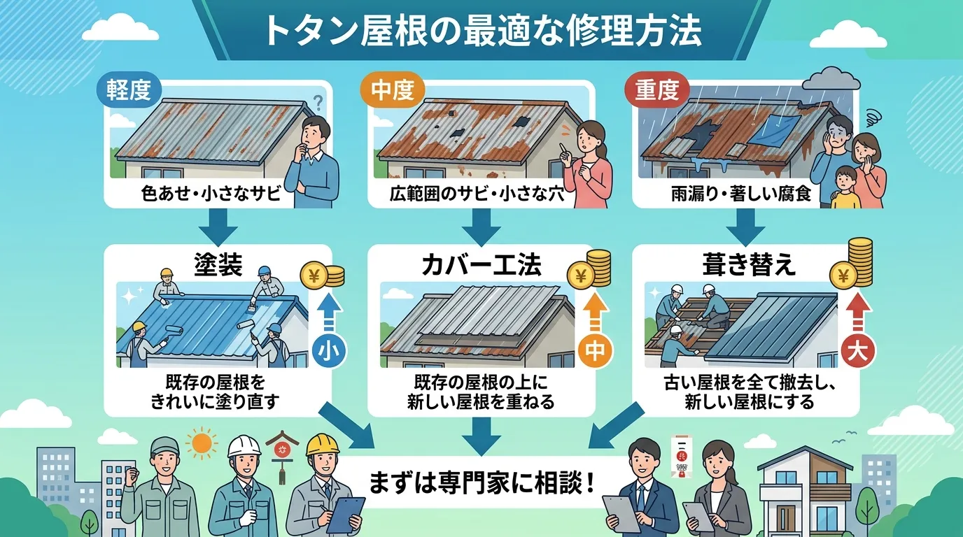 現代日本をベースに、日本人や日本の風景を使用すること, 「トタン屋根の最適な修理方法」というタイトルのインフォグラフィック。上から下へ流れるフローチャート形式で、屋根の劣化状況「軽度」「中度」「重度」