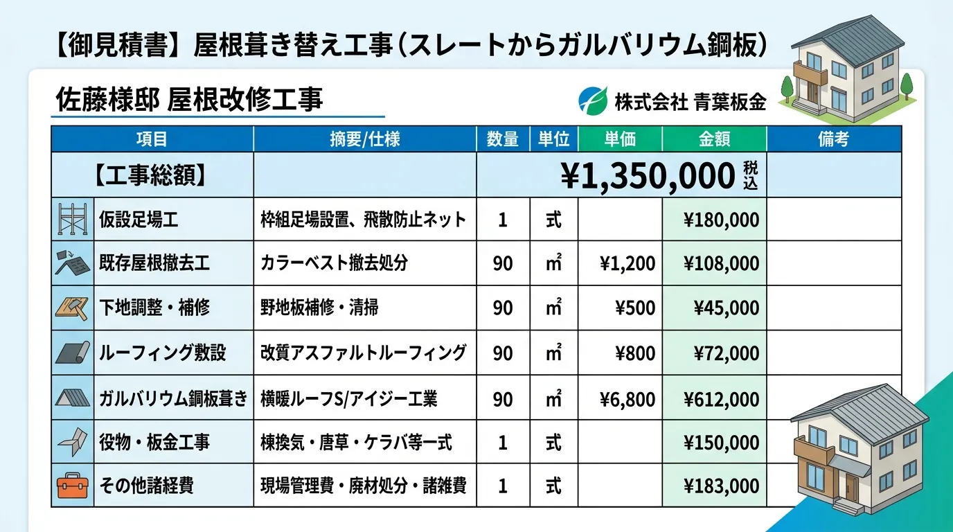 延床面積30坪の住宅で、既存のスレート屋根から「ガルバリウム鋼板」に葺き替える場合の見積もり明細サンプル画像。総額や各項目の単価・数量が記載されているもの。]