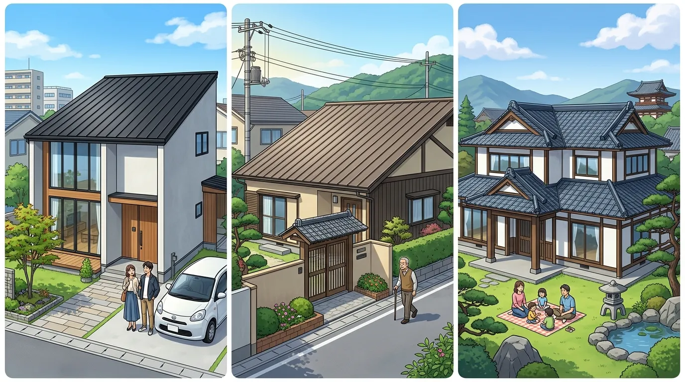 ガルバリウム鋼板屋根のデザインバリエーションを示す複数の写真。 - モダンな住宅に使われた縦葺きのブラックの屋根 - 落ち着いた雰囲気の横葺きのブラウンの屋根 - 和風住宅に調和する瓦調デザインの屋根