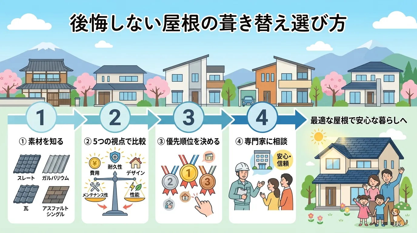 現代日本をベースに、日本人や日本の風景を使用すること, 「後悔しない屋根の葺き替え選び方」をテーマにしたインフォグラフィック。明るく親しみやすいフラットデザインで、4つのステップからなるフロー図を描く