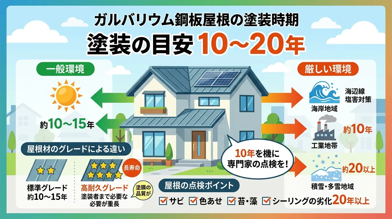 現代日本をベースに、日本人や日本の風景を使用すること, 「ガルバリウム鋼板屋根の塗装時期」がテーマのインフォグラフィック。中央に家のイラストを配置し、大きな見出しで「塗装の目安 10～20年」。左右に