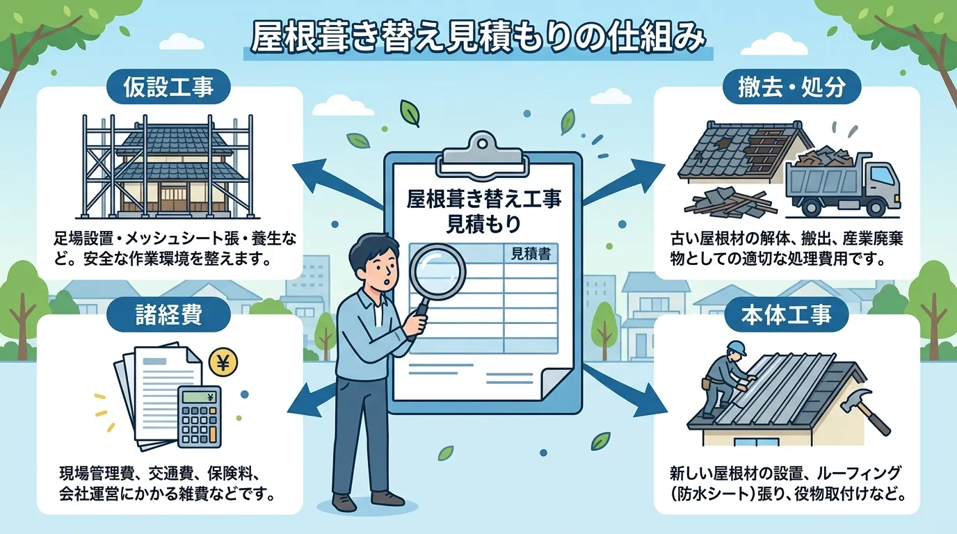 現代日本をベースに、日本人や日本の風景を使用すること, 「屋根葺き替え見積もり」の仕組みを図解するインフォグラフィック。中央の見積書から「仮設工事」「撤去・処分」「本体工事」「諸経費」の4項目が情報ブ