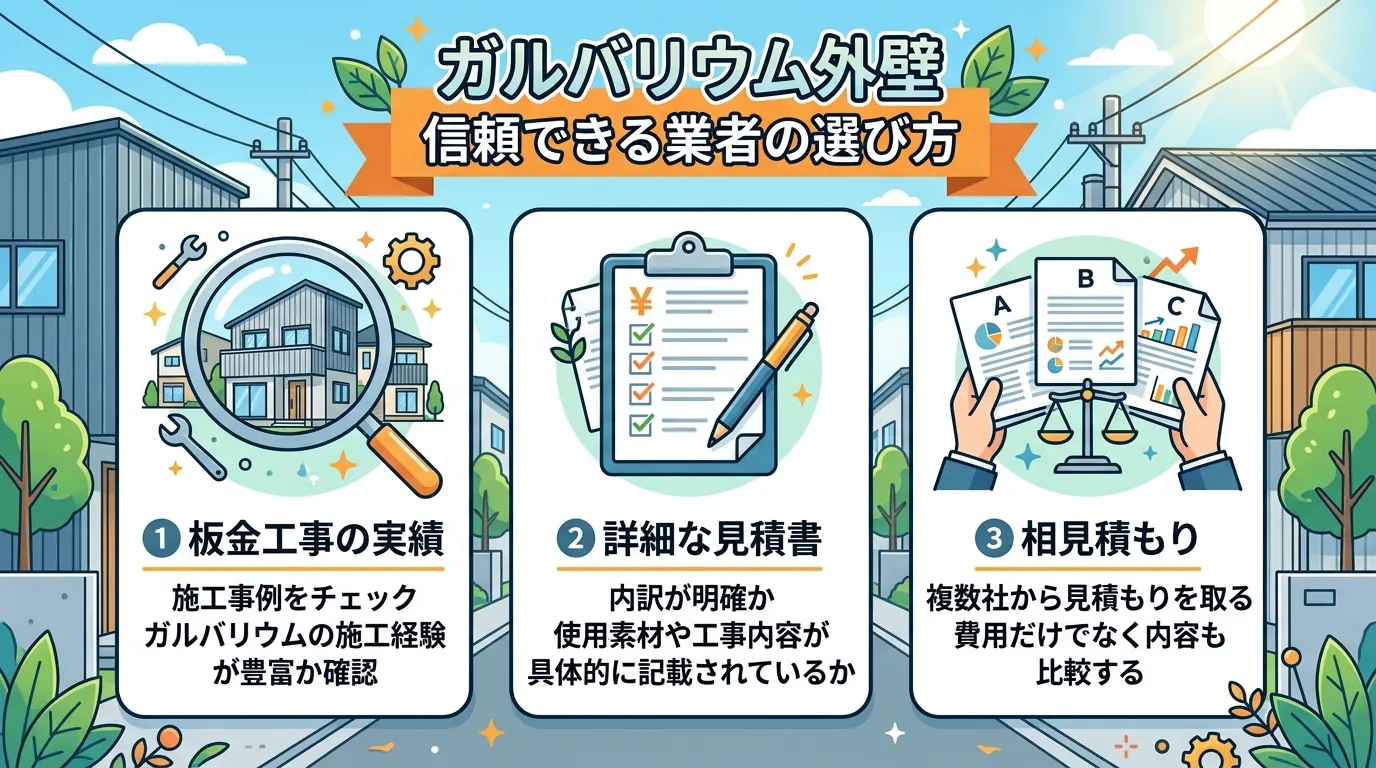 現代日本をベースに、日本人や日本の風景を使用すること, 「ガルバリウム外壁 信頼できる業者の選び方」というタイトルのインフォグラフィック。3つのポイントをステップ形式で図解。①虫眼鏡で施工事例を見るア