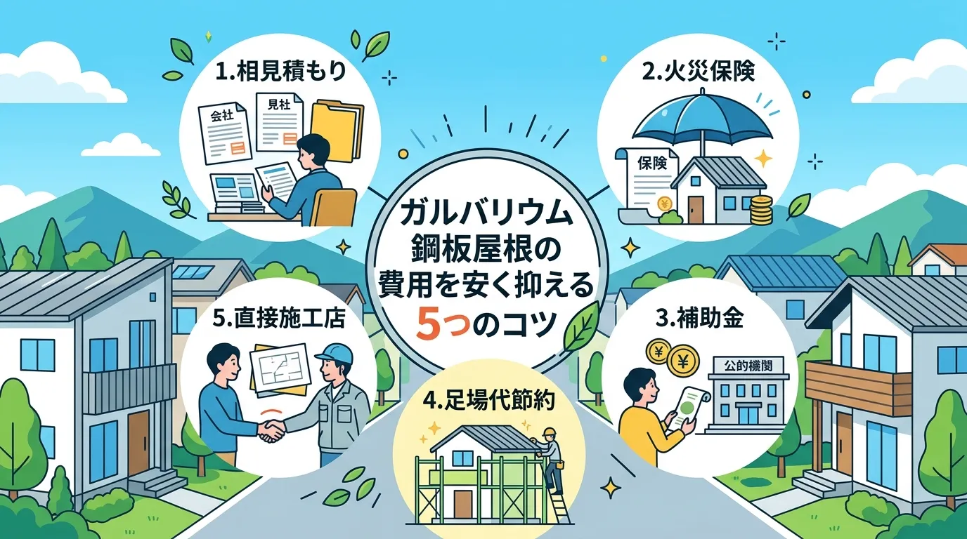 現代日本をベースに、日本人や日本の風景を使用すること, 「ガルバリウム鋼板屋根の費用を安く抑える5つのコツ」というタイトルのインフォグラフィック。中央のタイトルを囲むように、5つのコツをアイコン付きで