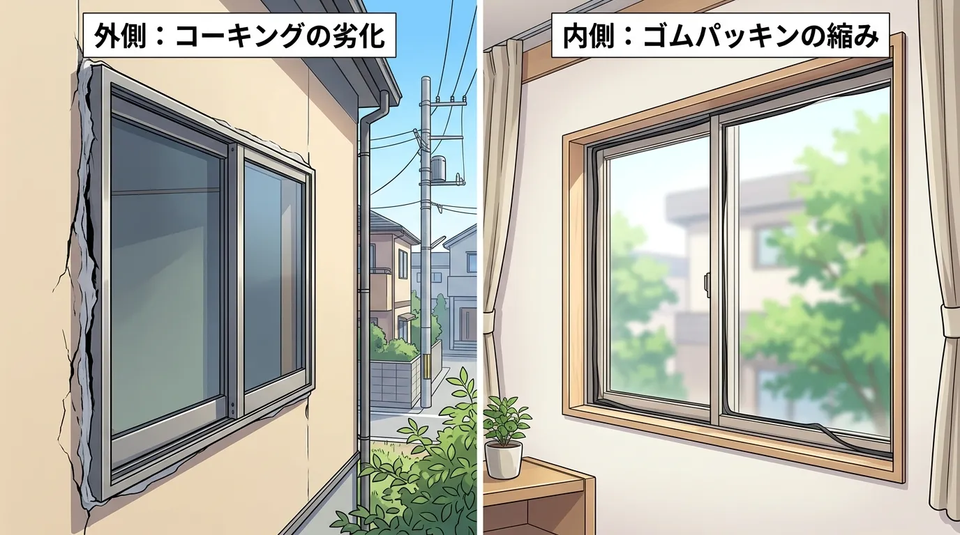 窓サッシと外壁の間のコーキングが劣化して隙間ができている写真と、室内側のゴムパッキンが縮んで隙間ができている写真。]