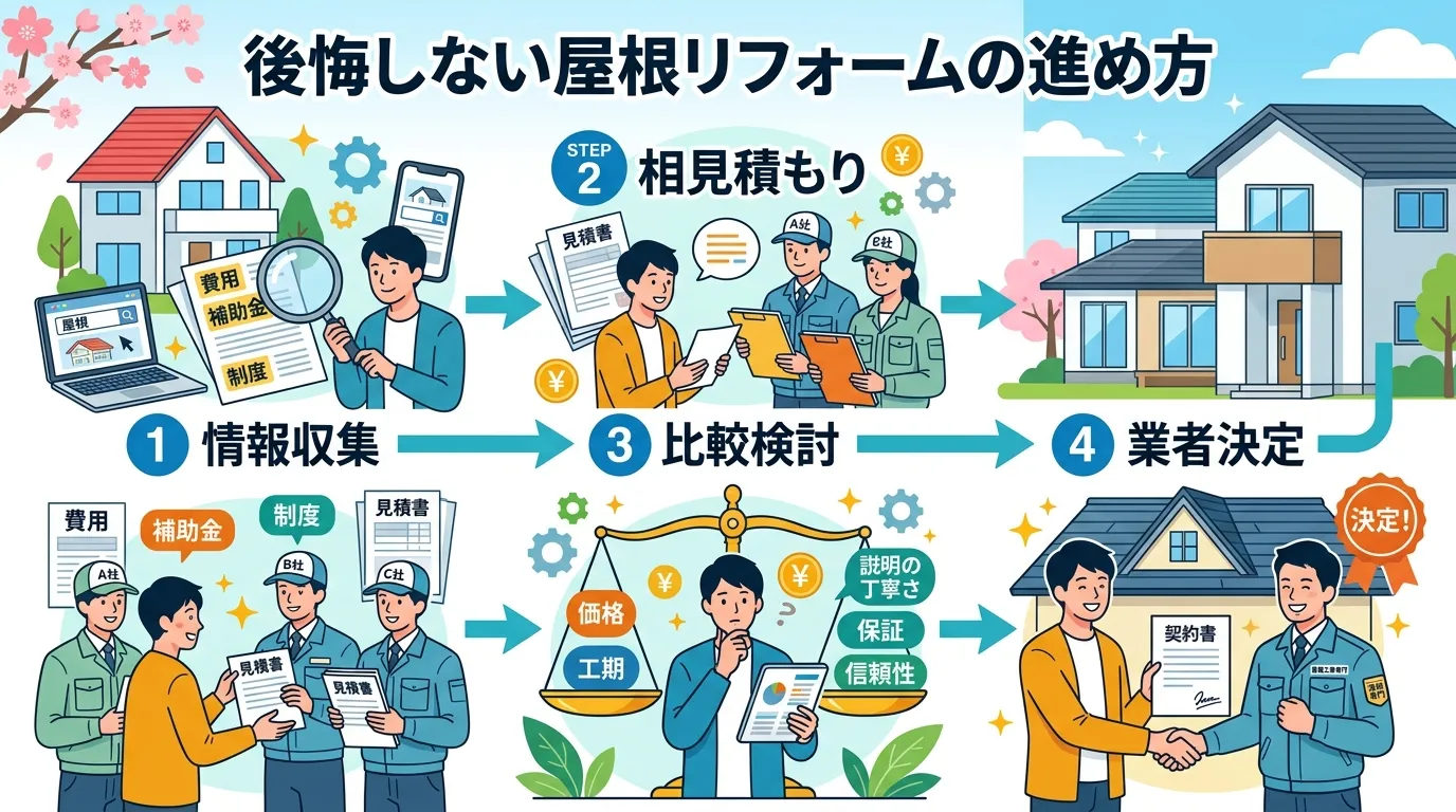 現代日本をベースに、日本人や日本の風景を使用すること, 「後悔しない屋根リフォームの進め方」というタイトルのインフォグラフィック。明るい配色のフラットなデジタルイラストで、4つのステップを図解する。1