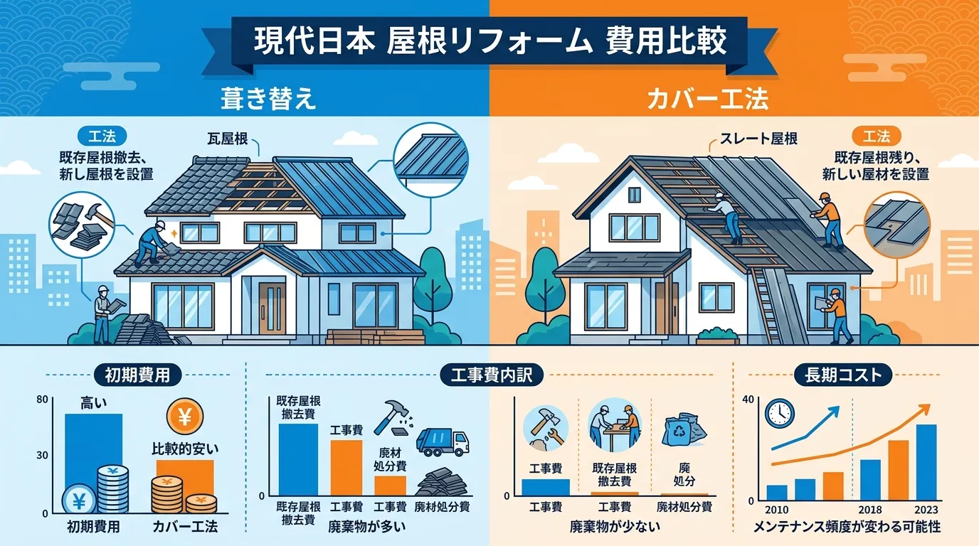 現代日本をベースに、日本人や日本の風景を使用すること, 屋根リフォームの費用比較インフォグラフィック。画面を左右に分け「葺き替え」と「カバー工法」を対比。それぞれの工法を家のイラストで図解し、「初期費