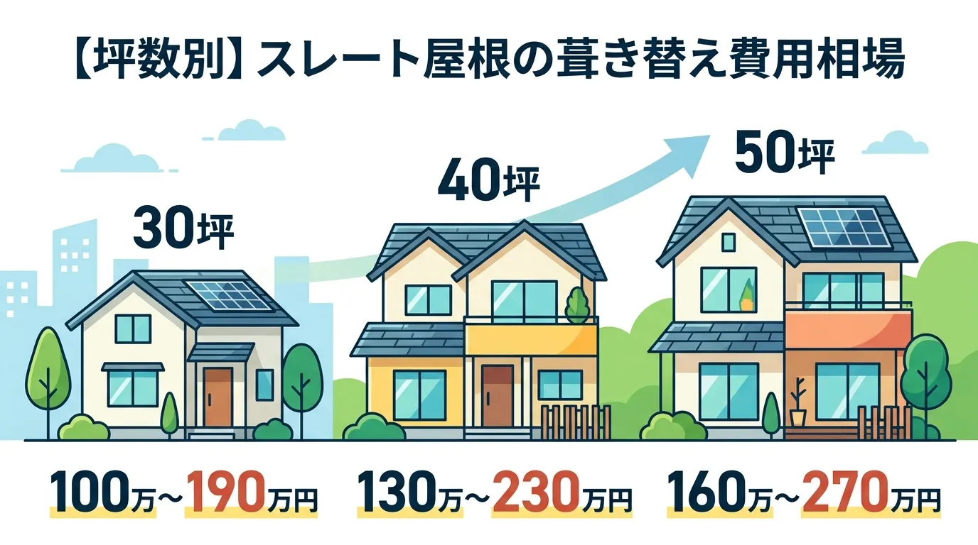 現代日本をベースに、日本人や日本の風景を使用すること, インフォグラフィック、デジタルイラスト。「【坪数別】スレート屋根の葺き替え費用相場」というタイトル。大きさの違う3軒の家を横に並べ、それぞれ「3