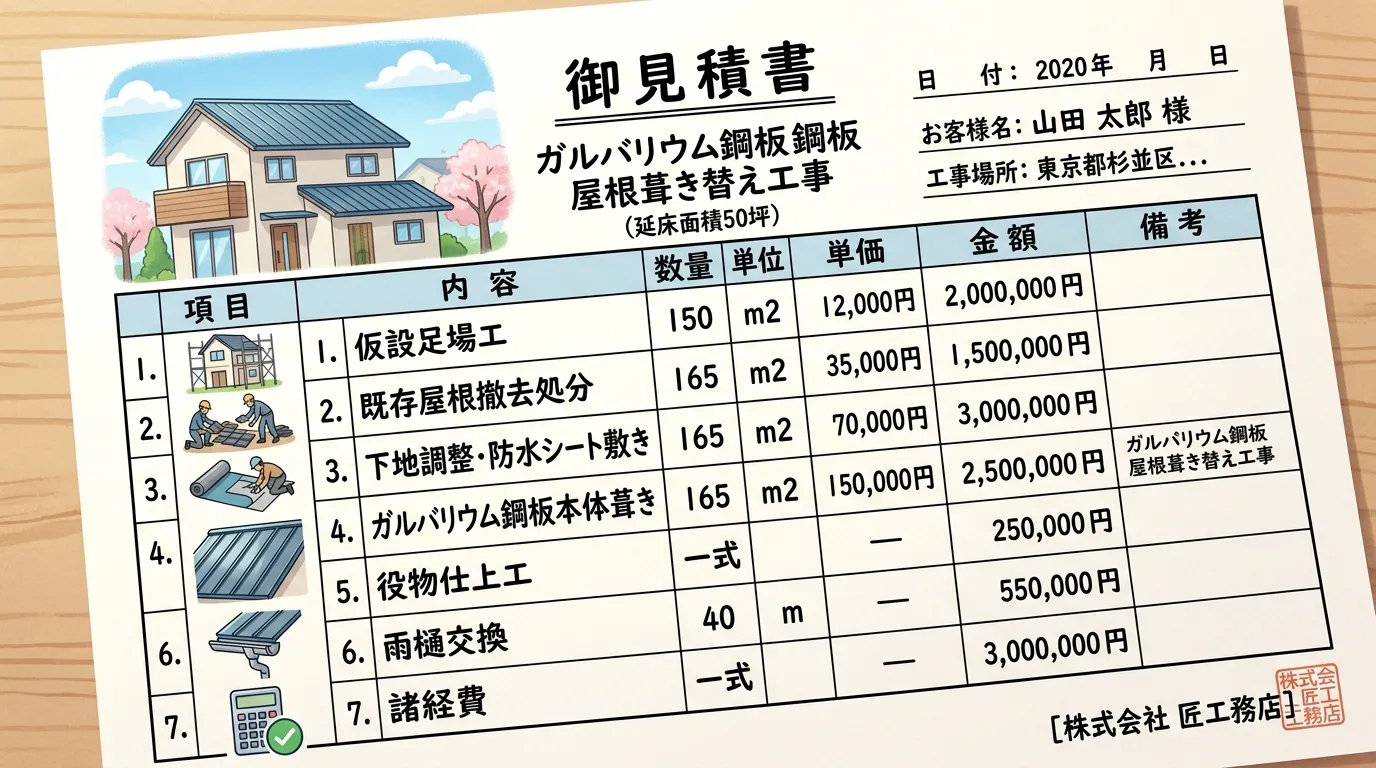 延床面積50坪の住宅でガルバリウム鋼板に葺き替える場合の見積もり明細サンプル画像。]