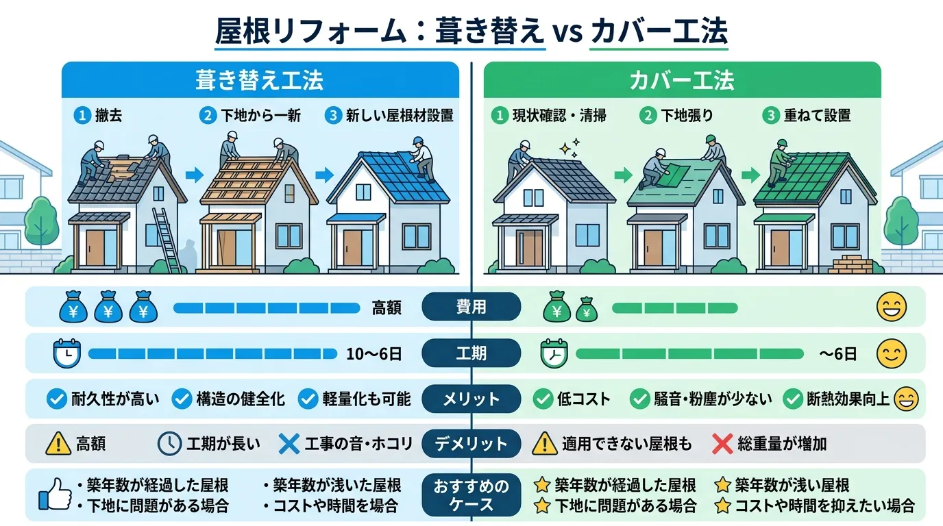 現代日本をベースに、日本人や日本の風景を使用すること, 「屋根リフォーム:葺き替え vs カバー工法」というタイトルの日本語インフォグラフィック。画面を左右に分割し、左に「葺き替え工法」、右に「カバー