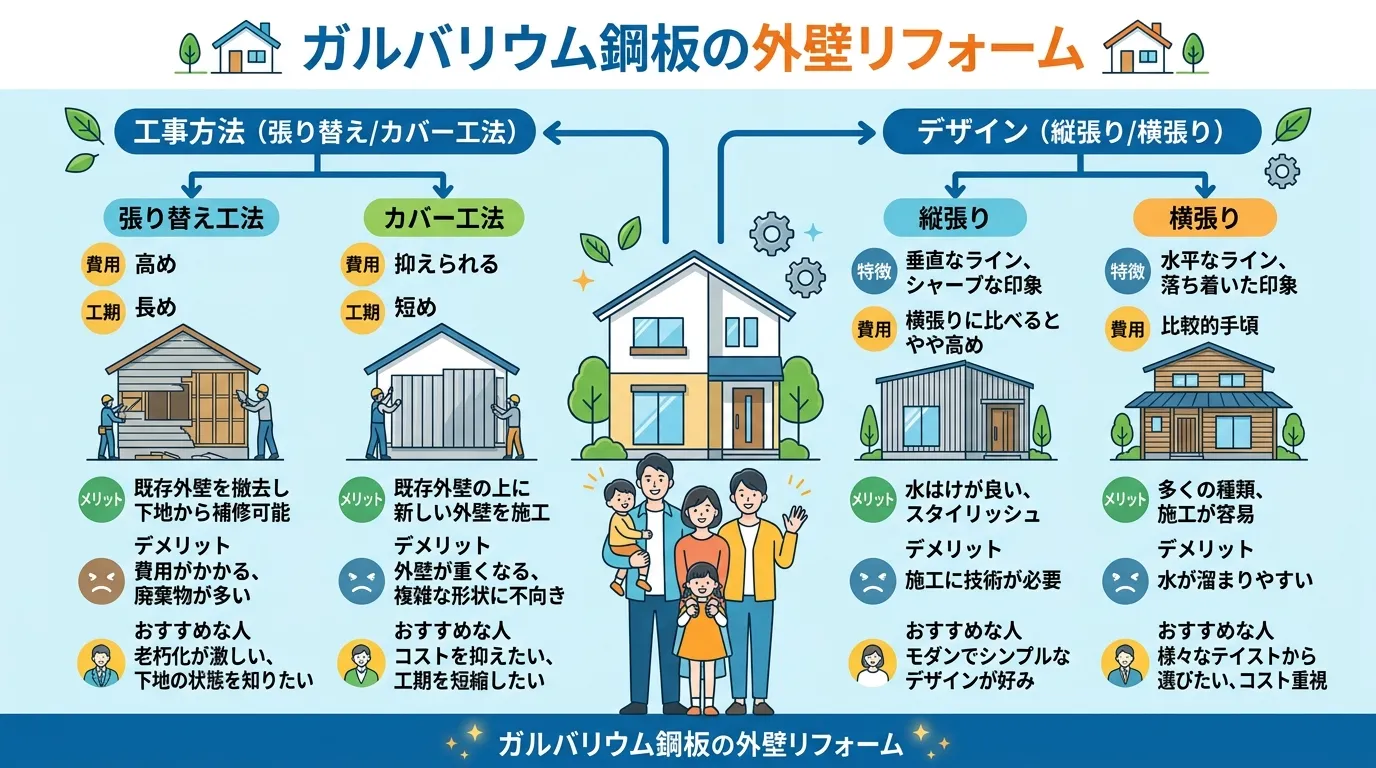 現代日本をベースに、日本人や日本の風景を使用すること, 「ガルバリウム鋼板の外壁リフォーム」というタイトルのインフォグラフィック。中央から左右に分岐する構成で、左に「工事方法(張り替え/カバー工法)」
