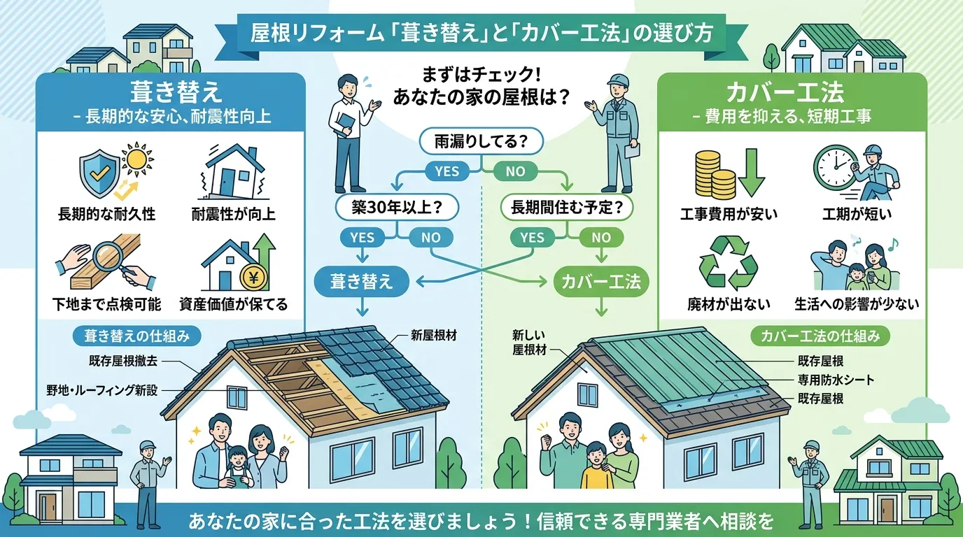 現代日本をベースに、日本人や日本の風景を使用すること, 屋根リフォームの「葺き替え」と「カバー工法」の選び方が一目でわかるインフォグラフィック。中央に「雨漏りしてる?」から始まるYES/NO診断フロー