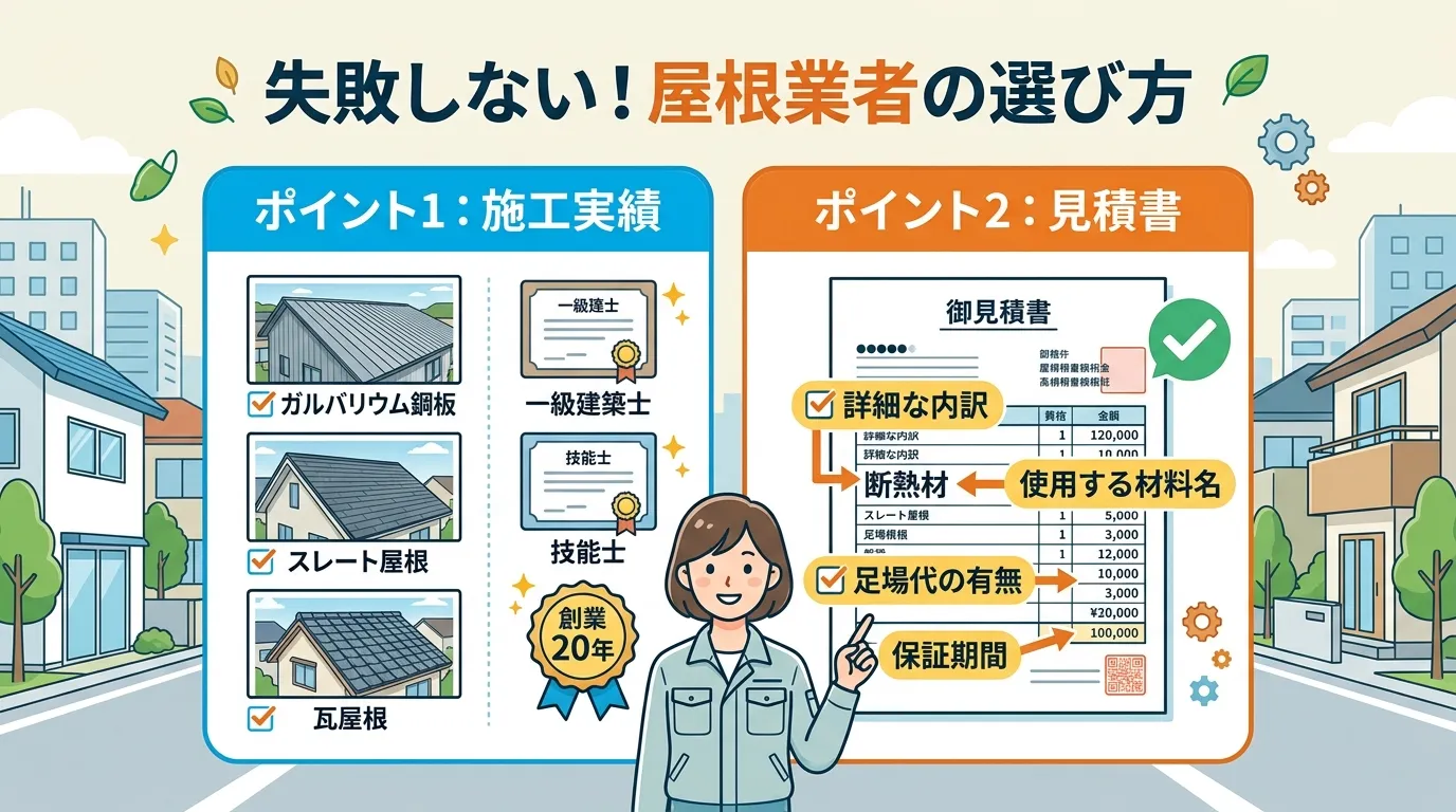 現代日本をベースに、日本人や日本の風景を使用すること, インフォグラフィック、タイトル「失敗しない!屋根業者の選び方」。画面を2分割し、左に「ポイント1:施工実績」、右に「ポイント2:見積書」を配置。