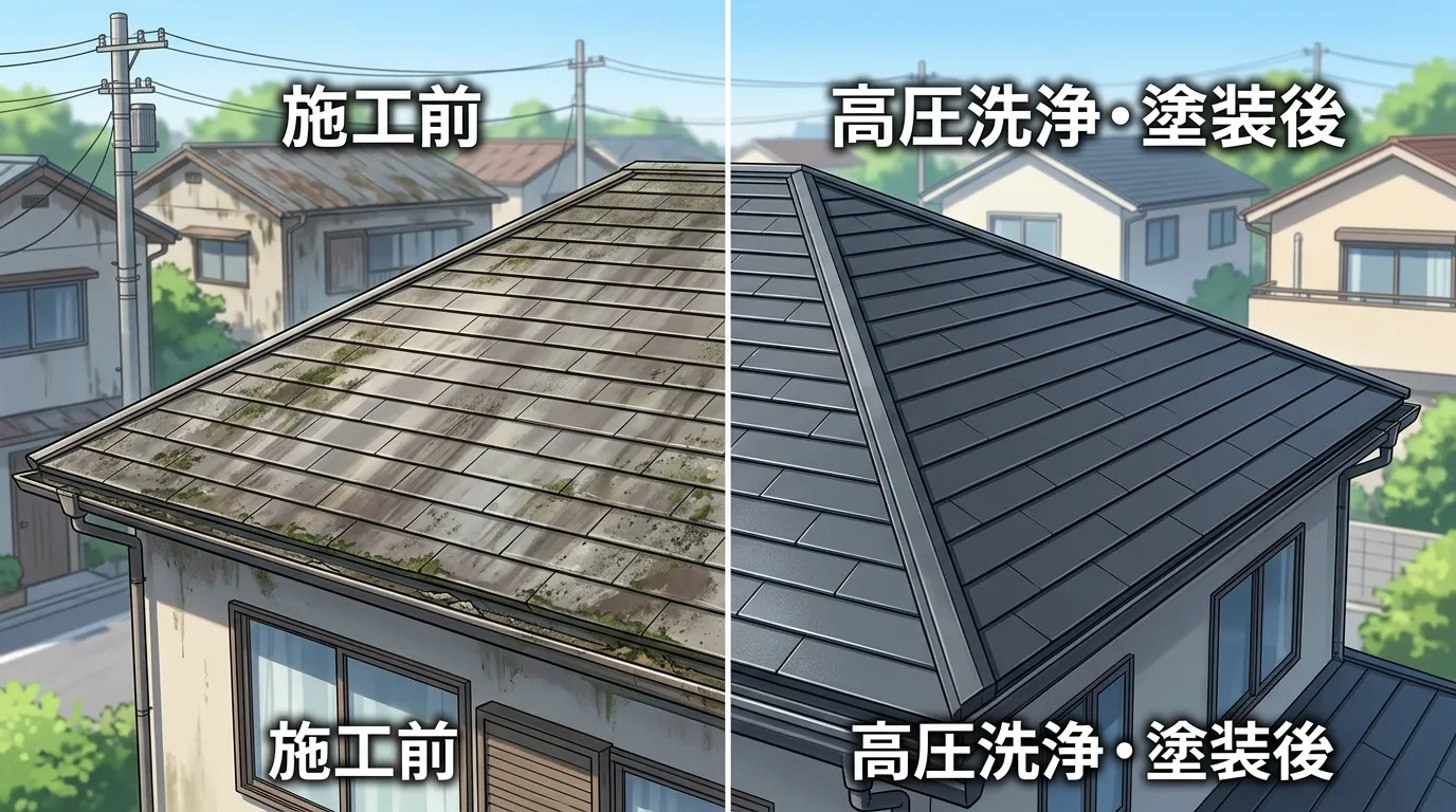 色褪せて汚れたスレート屋根と、高圧洗浄後にきれいに塗装された屋根の比較写真]