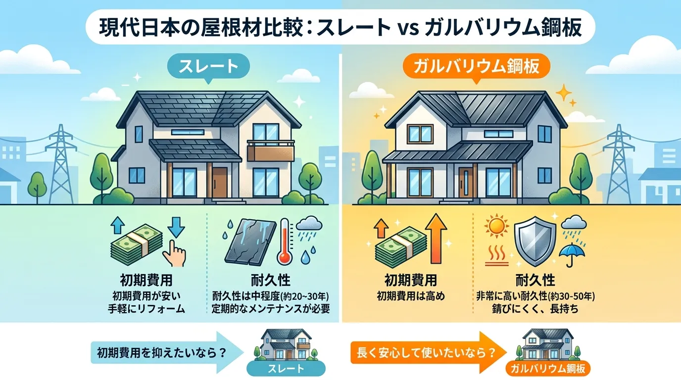 現代日本をベースに、日本人や日本の風景を使用すること, 屋根材「スレート vs ガルバリウム鋼板」の比較インフォグラフィック。明るく親しみやすいデジタルイラスト。画面を左右に二分割し、左にスレート、右