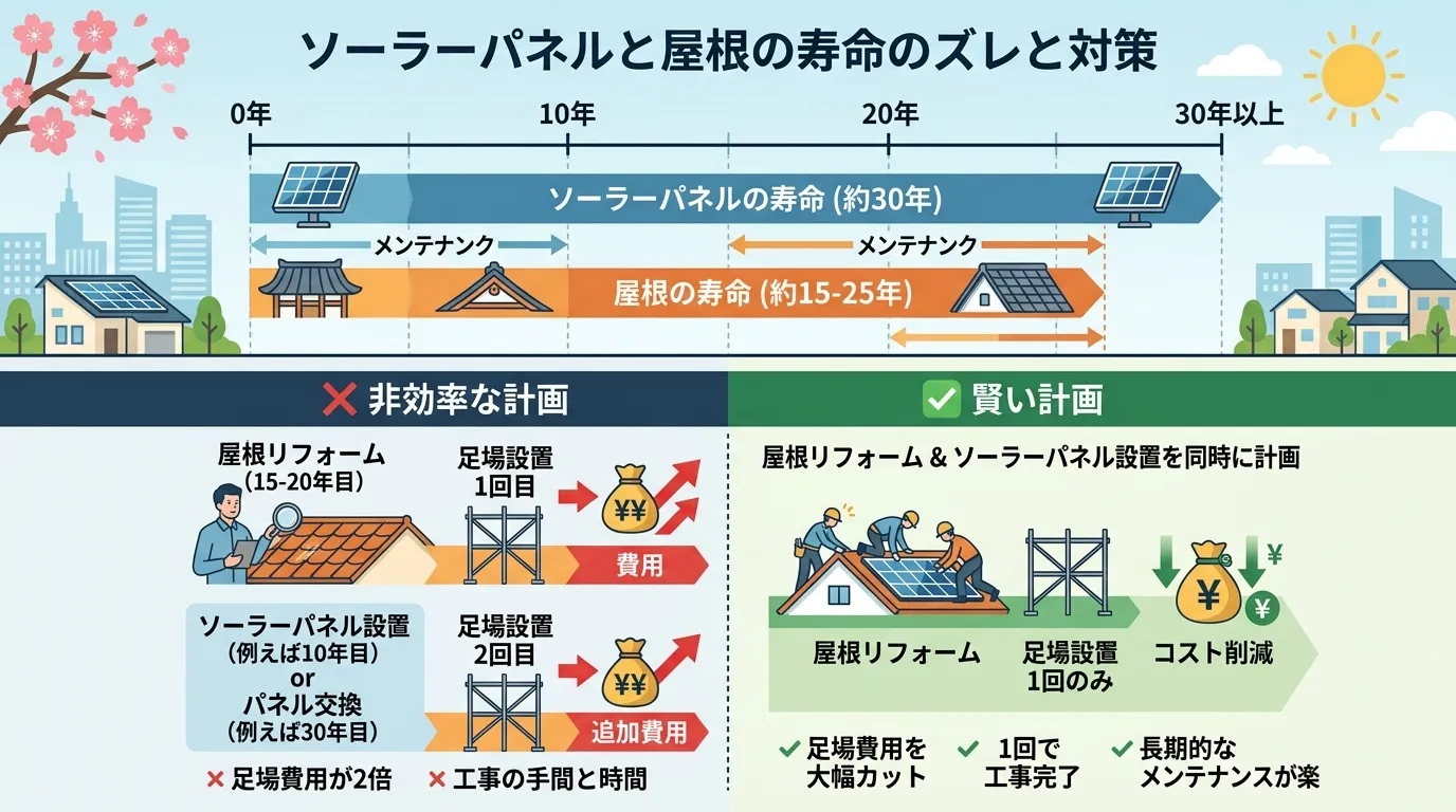 現代日本をベースに、日本人や日本の風景を使用すること, 「ソーラーパネルと屋根の寿命のズレ」をテーマにしたインフォグラフィック。フラットデザインのデジタルイラスト。上部に時間軸があり、ソーラーパネル(