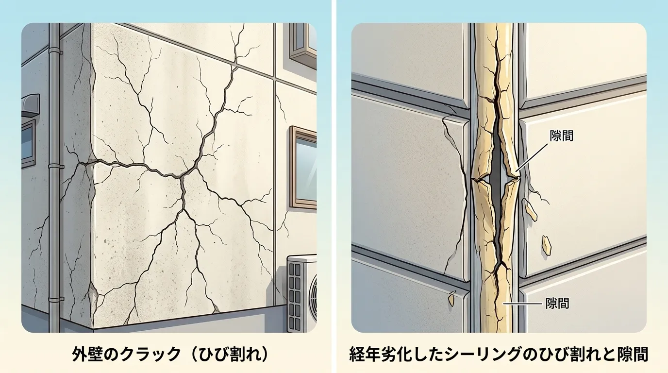 外壁に入ったクラック（ひび割れ）のアップ写真と、経年劣化でひび割れたり肉痩せして隙間ができたシーリング（コーキング）の比較写真。]