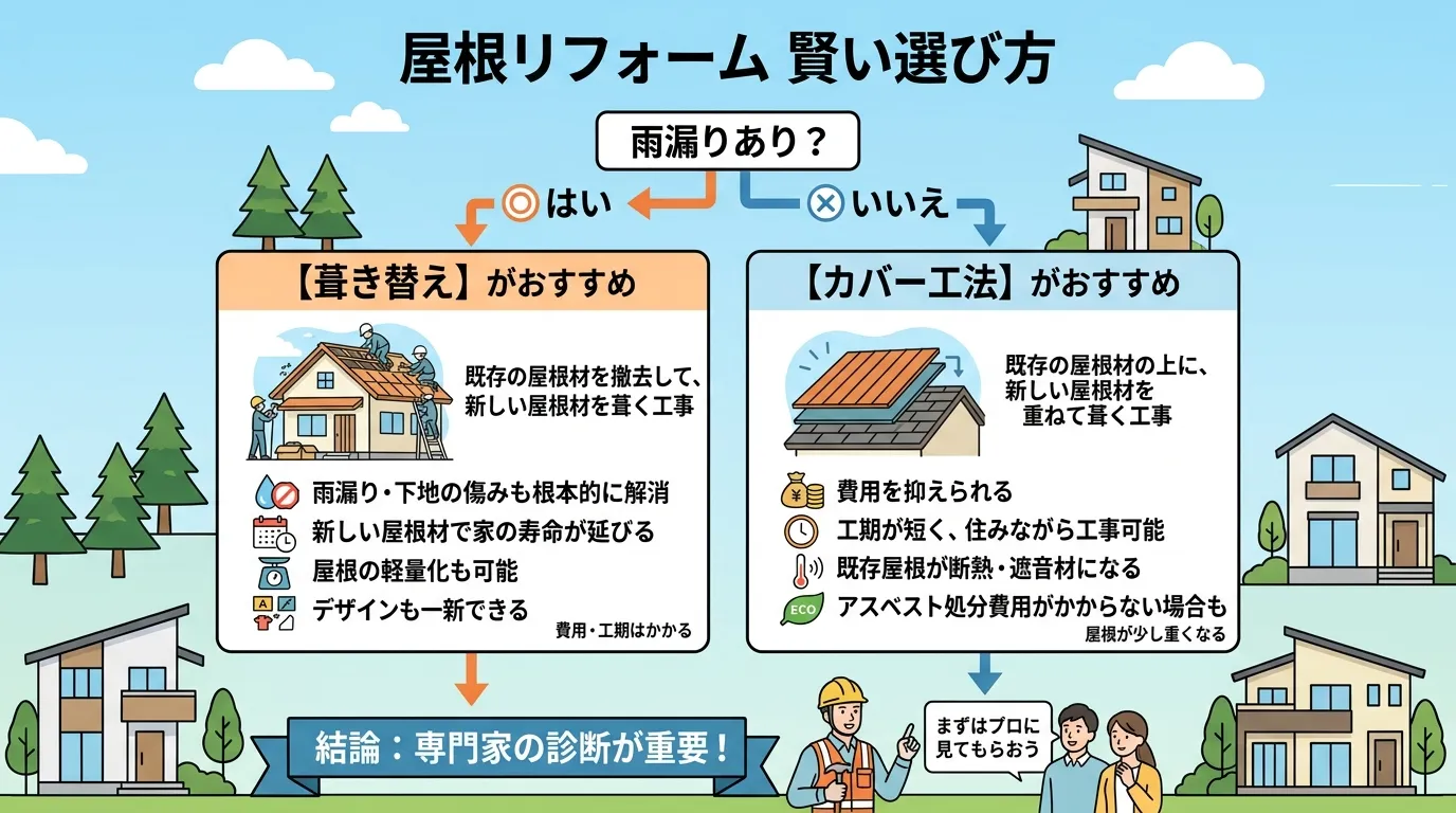 現代日本をベースに、日本人や日本の風景を使用すること, タイトル「屋根リフォーム 賢い選び方」のインフォグラフィック。フローチャート形式で、屋根の状態で「葺き替え」と「カバー工法」のどちらを選ぶべきか