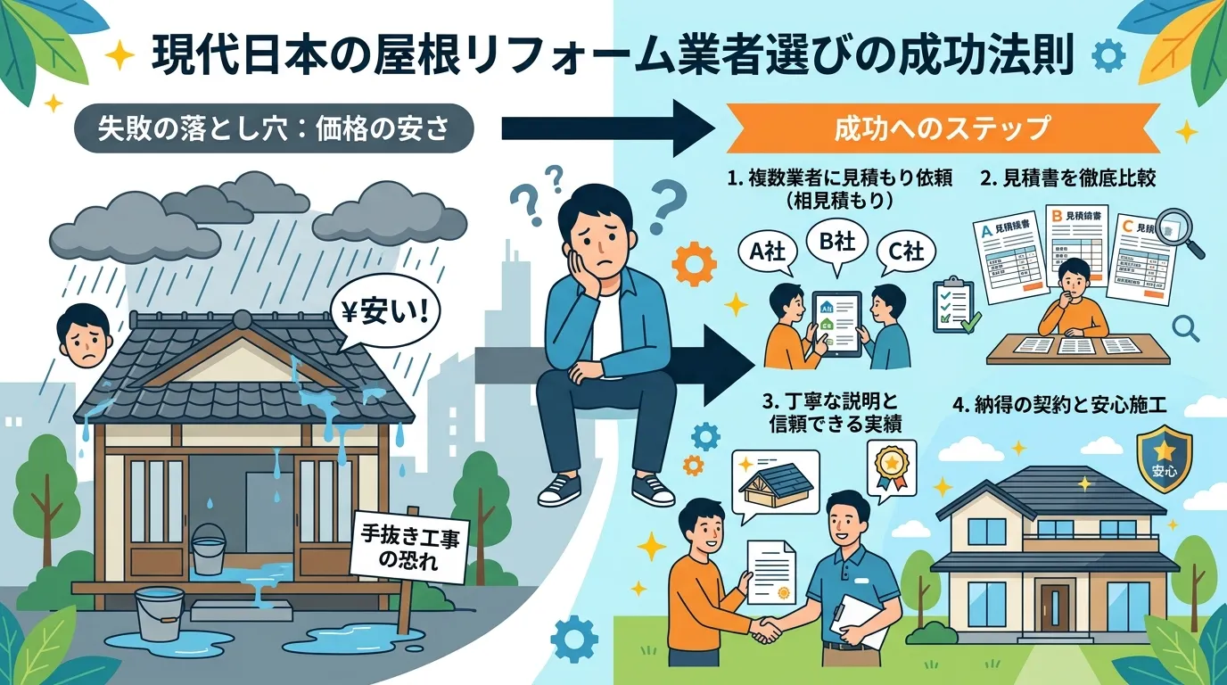 現代日本をベースに、日本人や日本の風景を使用すること, 屋根リフォーム業者選びの成功法則を描いたインフォグラフィック。中央に悩む施主。左側には「価格の安さ」という落とし穴と雨漏りする家のイラスト。右側