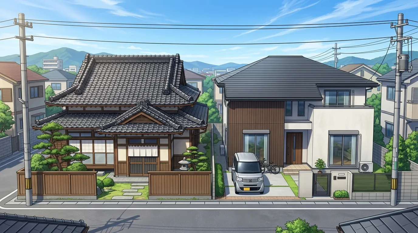 伝統的な和風住宅の陶器瓦屋根と、モダンな洋風住宅のセメント瓦屋根を並べた比較写真]