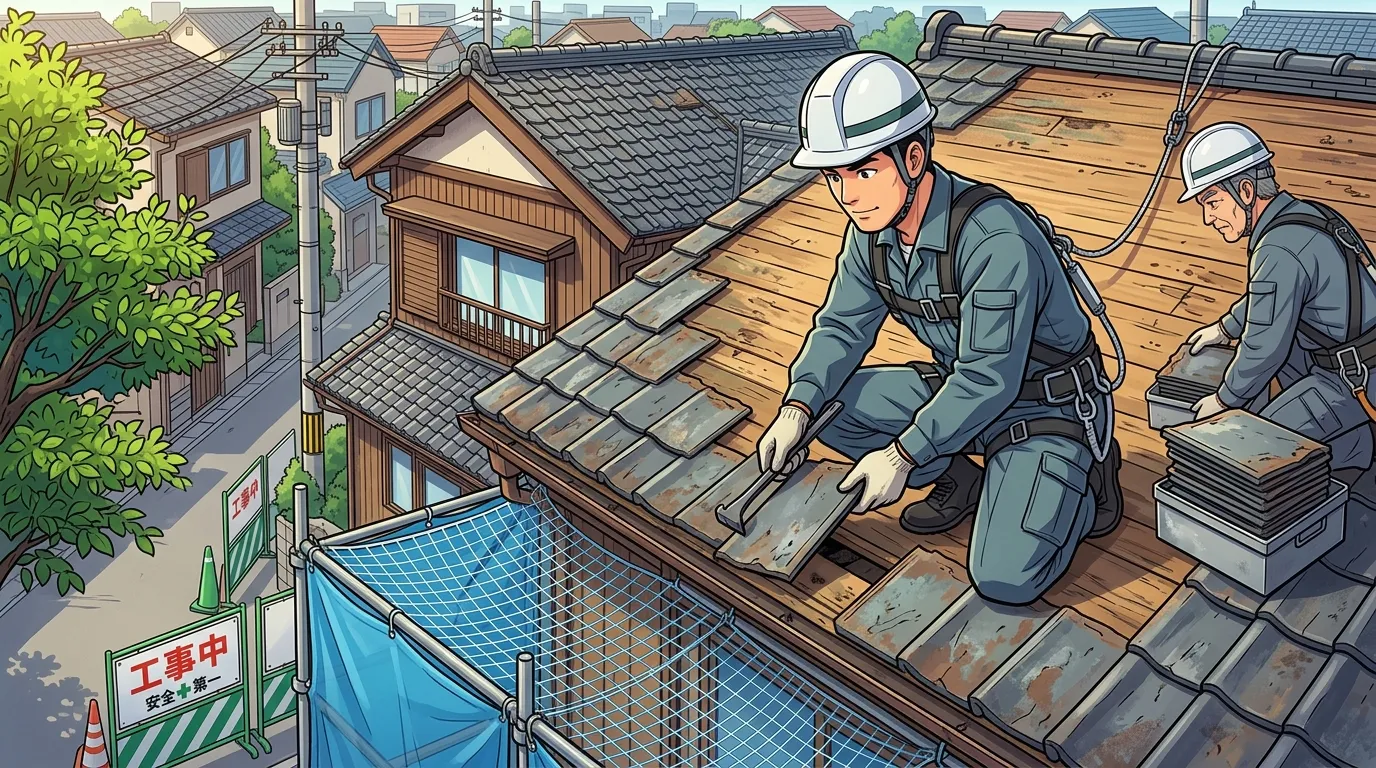 職人が古いスレート屋根を一枚ずつ丁寧に剥がしている作業風景の写真。安全対策がされていることが分かるもの。]