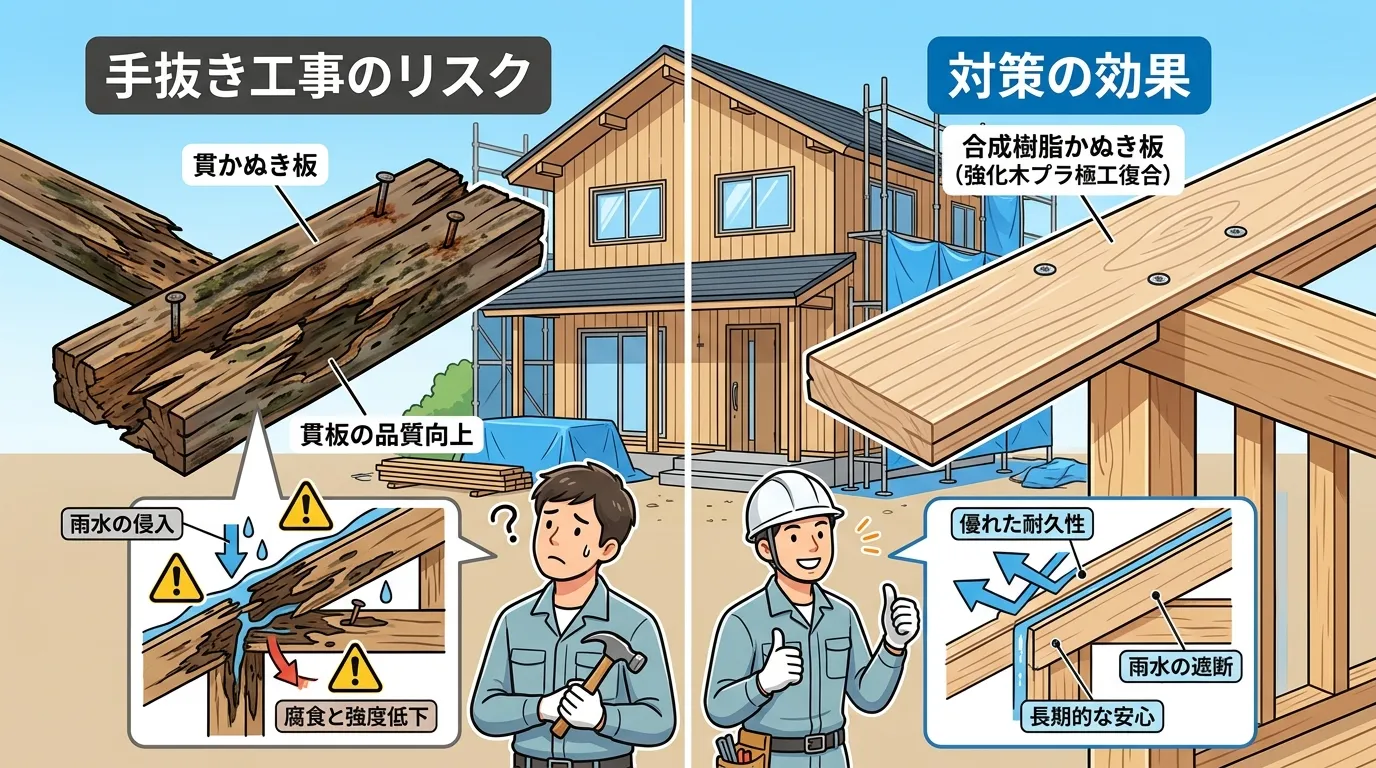 腐食した木製の貫板と、新品の樹脂製貫板を比較している写真。手抜き工事のリスクと対策の効果が視覚的に伝わる。]