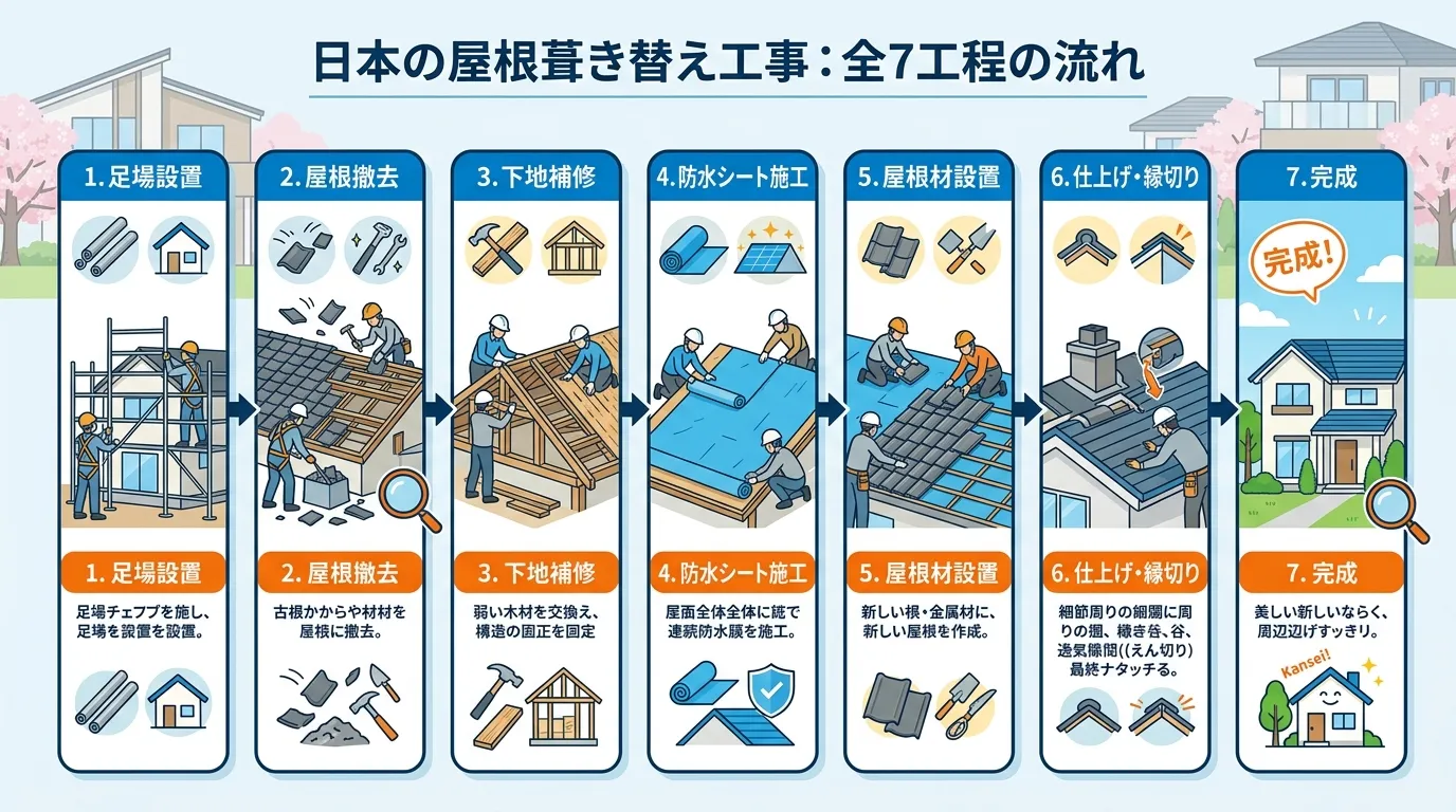 現代日本をベースに、日本人や日本の風景を使用すること, 屋根葺き替え工事の全7工程を示すインフォグラフィック。左から右へ流れるステップ図形式で、「1.足場設置」「2.屋根撤去」から「7.完成」までの各