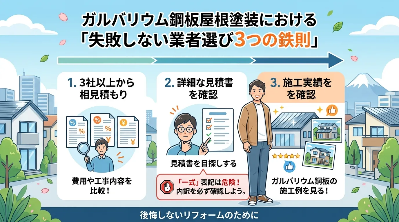 現代日本をベースに、日本人や日本の風景を使用すること, ガルバリウム鋼板屋根塗装における「失敗しない業者選び3つの鉄則」をテーマにした、分かりやすいインフォグラフィック。左から右へ「1. 3社以上から
