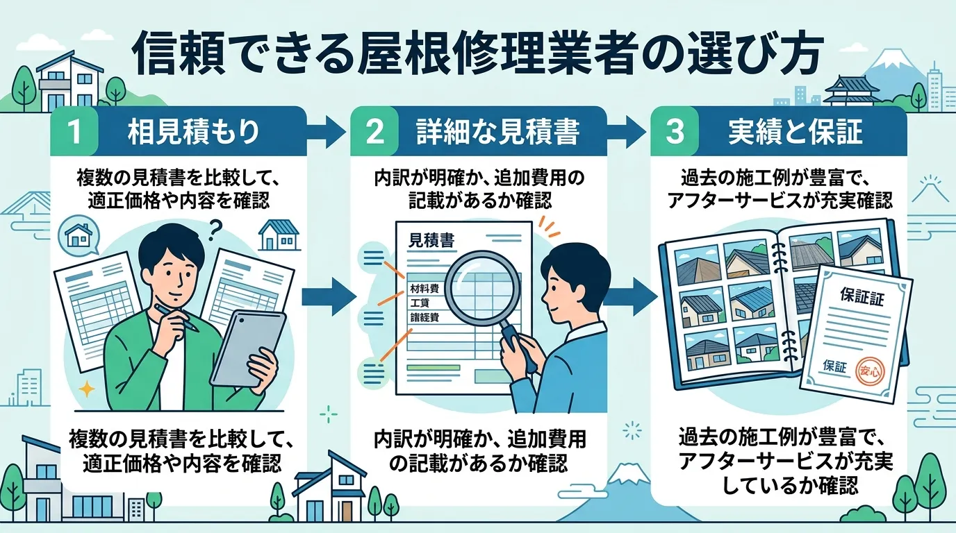 現代日本をベースに、日本人や日本の風景を使用すること, 「信頼できる屋根修理業者の選び方」というタイトルのインフォグラフィック。3つのステップを示すフロー図。Step1:「相見積もり」複数の見積書を比