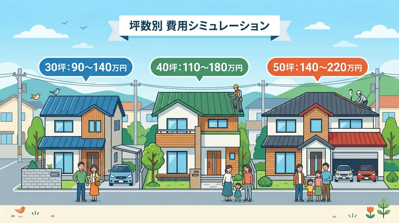 現代日本をベースに、日本人や日本の風景を使用すること, 「トタン屋根の葺き替え費用相場」をテーマにしたインフォグラフィック。フラットデザインの明るいデジタルイラストで、大きさの違う3軒の家（小・中・大
