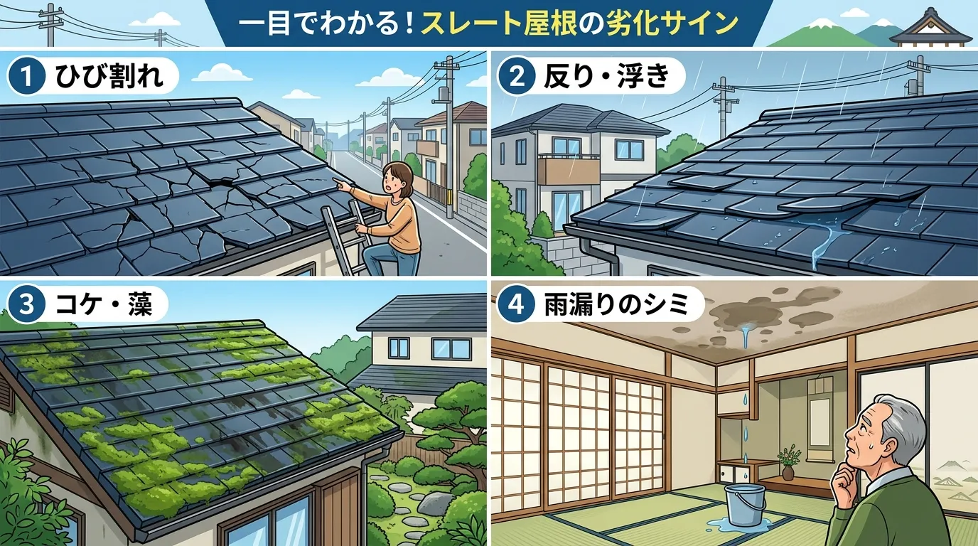 スレート屋根の代表的な劣化サインがわかる写真。「広範囲にひび割れたスレート屋根」「反りや浮きが発生しているスレート屋根」「コケが一面に繁殖したスレート屋根」「雨漏りによってできた天井のシミ」など、各症