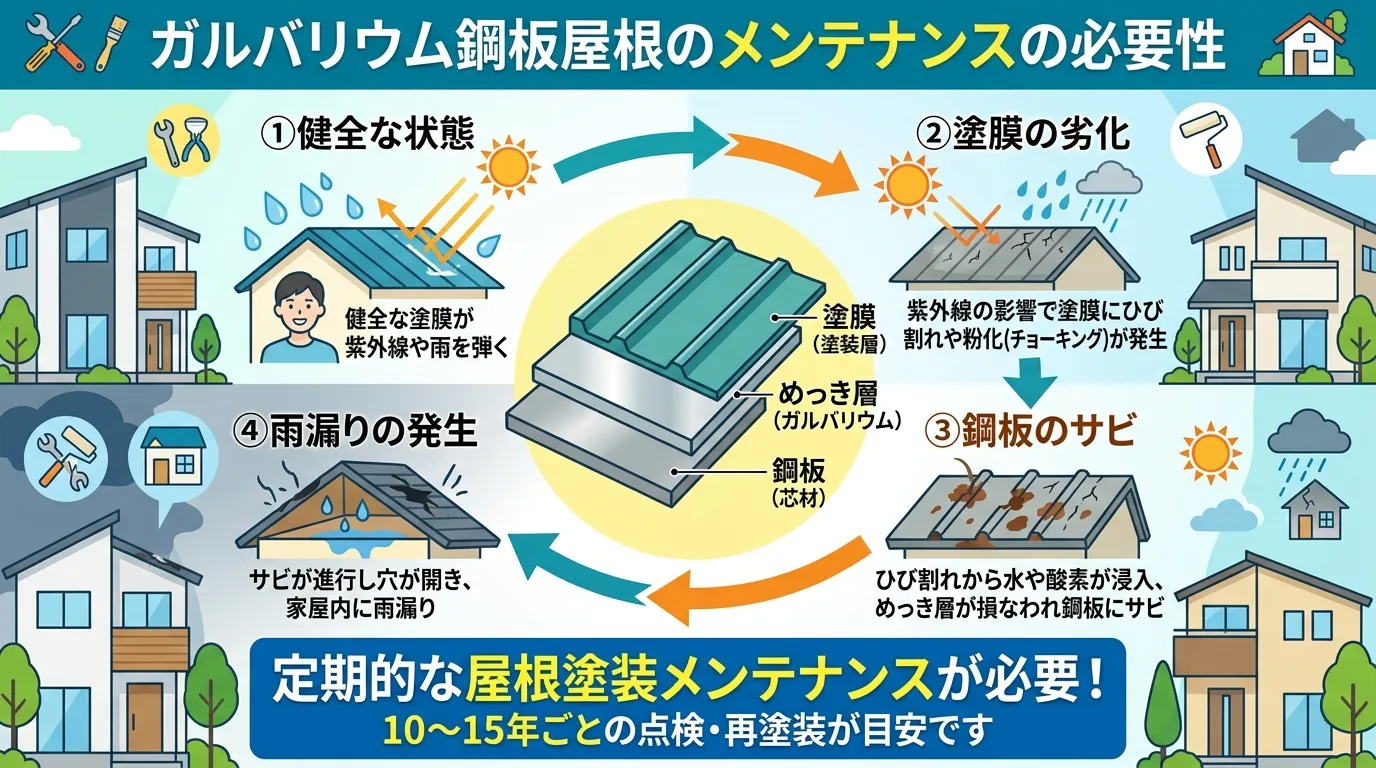 現代日本をベースに、日本人や日本の風景を使用すること, ガルバリウム鋼板屋根のメンテナンスの必要性を解説するインフォグラフィック。中央に「塗膜」「めっき層」「鋼板」と書かれた屋根材の断面図を配置。その