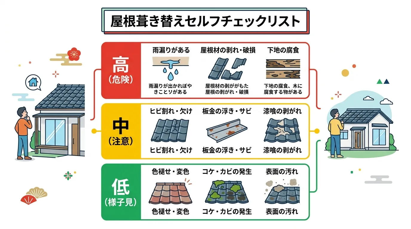 現代日本をベースに、日本人や日本の風景を使用すること, 「屋根葺き替えセルフチェックリスト」というタイトルのインフォグラフィック。危険度を「高(赤色)」「中(黄色)」「低(緑色)」の3段階で色分けし、
