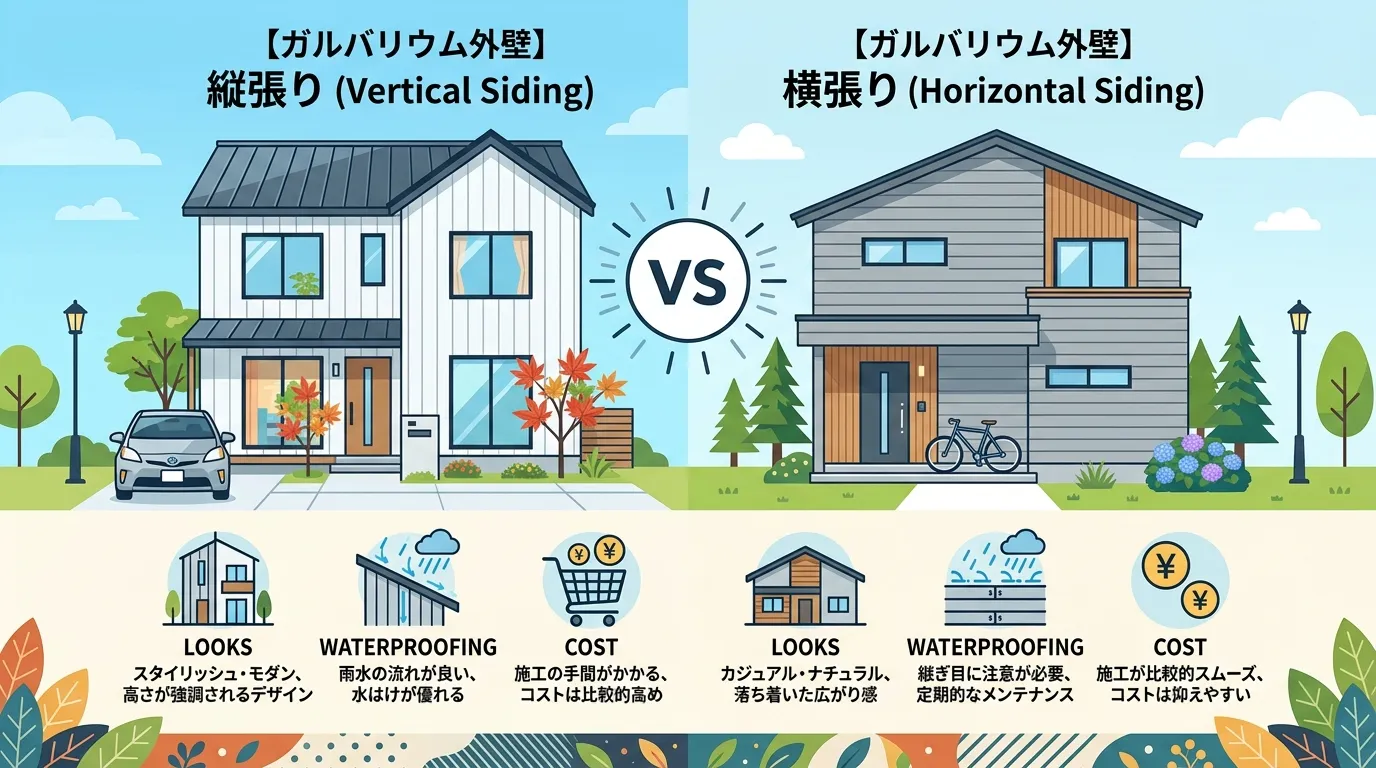 現代日本をベースに、日本人や日本の風景を使用すること, ガルバリウム外壁の「縦張り」と「横張り」を比較するインフォグラフィック。左に縦張りのモダンな家、右に横張りの家を並べ、中央に「VS」と表示。それ