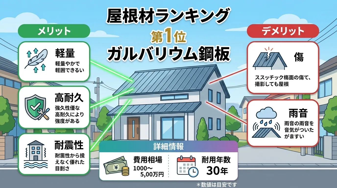 現代日本をベースに、日本人や日本の風景を使用すること, 「屋根材ランキング」をテーマにしたインフォグラフィック。中央に「第1位 ガルバリウム鋼板」の屋根を持つモダンな家のイラストを配置。家の周りに「メ