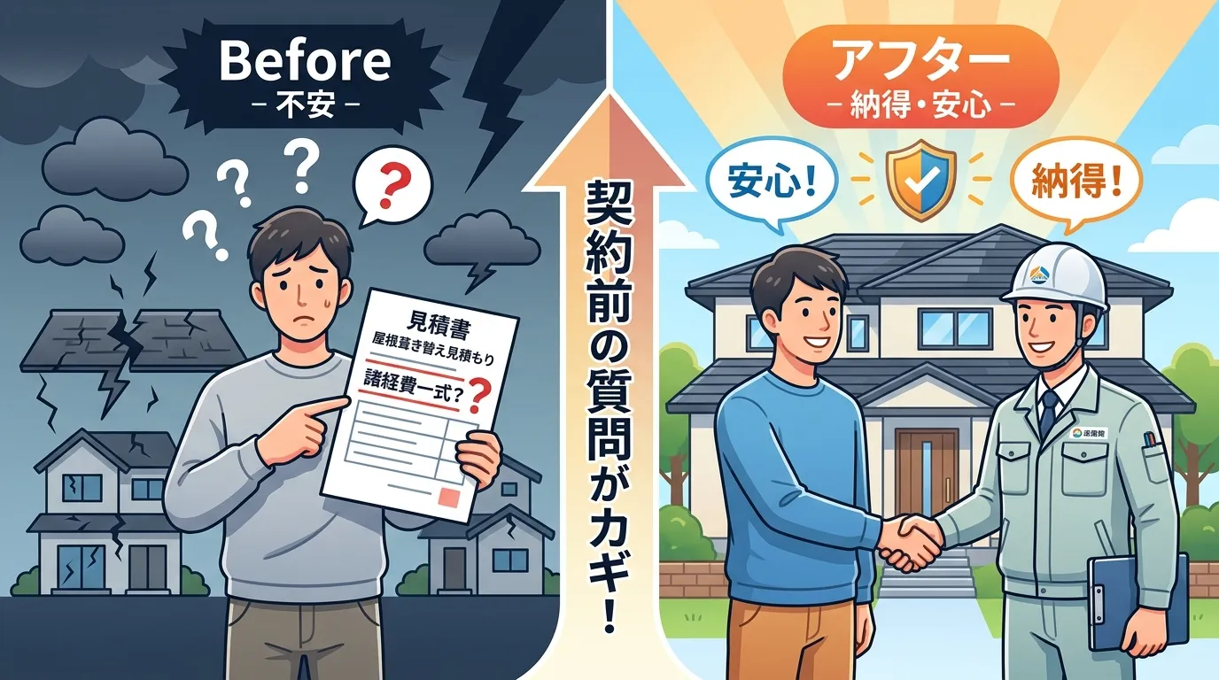 現代日本をベースに、日本人や日本の風景を使用すること, インフォグラフィック、デジタルイラスト。屋根葺き替え見積もりの重要性を伝える2分割の比較図。「Before(左)」:不安そうな施主が見積書の「諸
