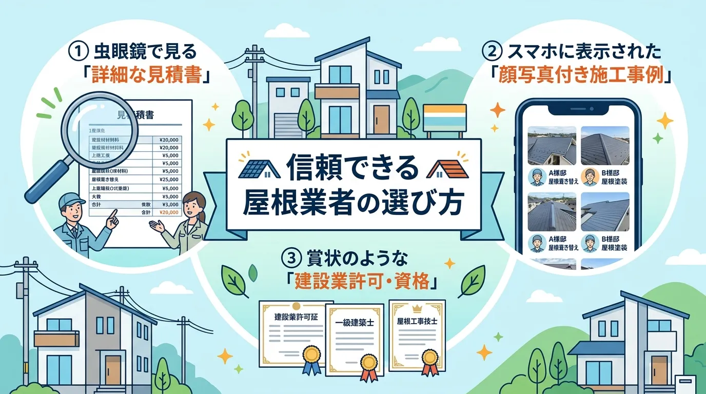 現代日本をベースに、日本人や日本の風景を使用すること, 「信頼できる屋根業者の選び方」というタイトルのインフォグラフィック。フラットデザインのデジタルイラストで、中央にタイトルを配置。その周りに、①虫