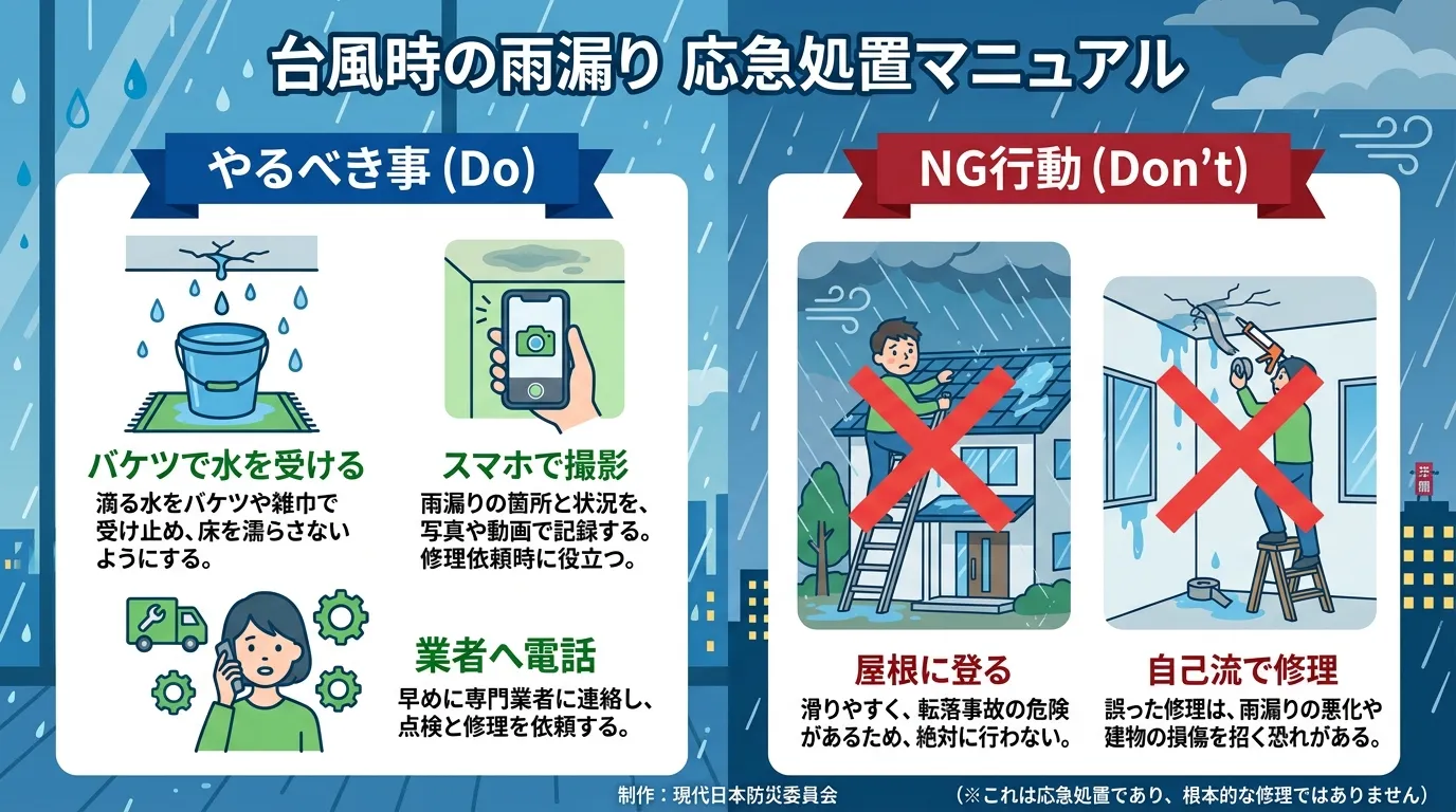 現代日本をベースに、日本人や日本の風景を使用すること, 台風による雨漏りの応急処置を解説するインフォグラフィック。フラットデザインのデジタルイラスト。画面を左右に分割し、左側に「やるべき事(Do)」と