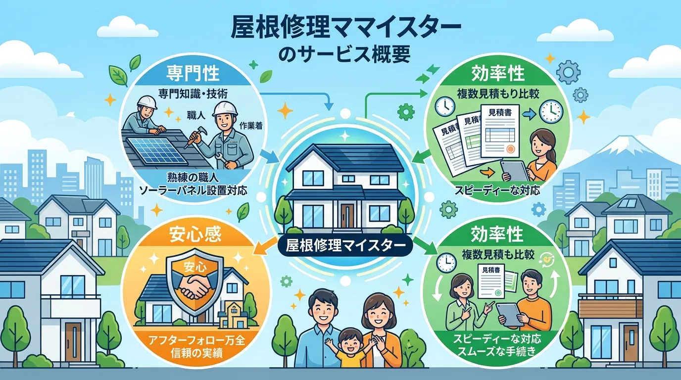 現代日本をベースに、日本人や日本の風景を使用すること, 「屋根修理マイスター」のサービス概要を説明するインフォグラフィック。中央に家のアイコンを置き、その周りに「専門性」「効率性」「安心感」の3つのメ