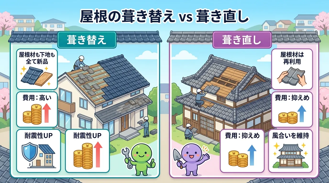 現代日本をベースに、日本人や日本の風景を使用すること, 「屋根の葺き替え vs 葺き直し」というタイトルのインフォグラフィック。左右に分割された比較図で、明るい色調のデジタルイラスト。左側は「葺き替え