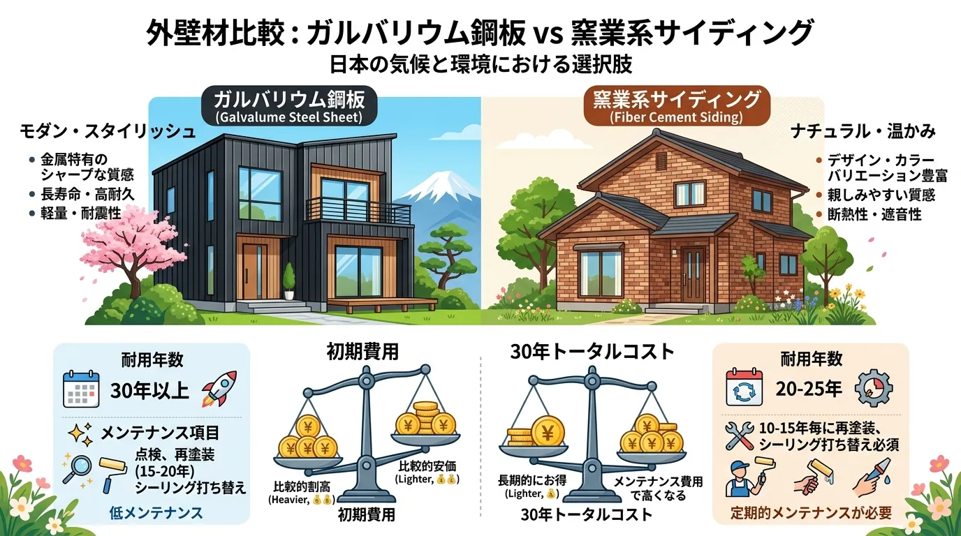現代日本をベースに、日本人や日本の風景を使用すること, 「ガルバリウム鋼板 vs 窯業系サイディング」の比較インフォグラフィック。左にガルバリウムのモダンな家、右にサイディングのレンガ調の家を配置。下
